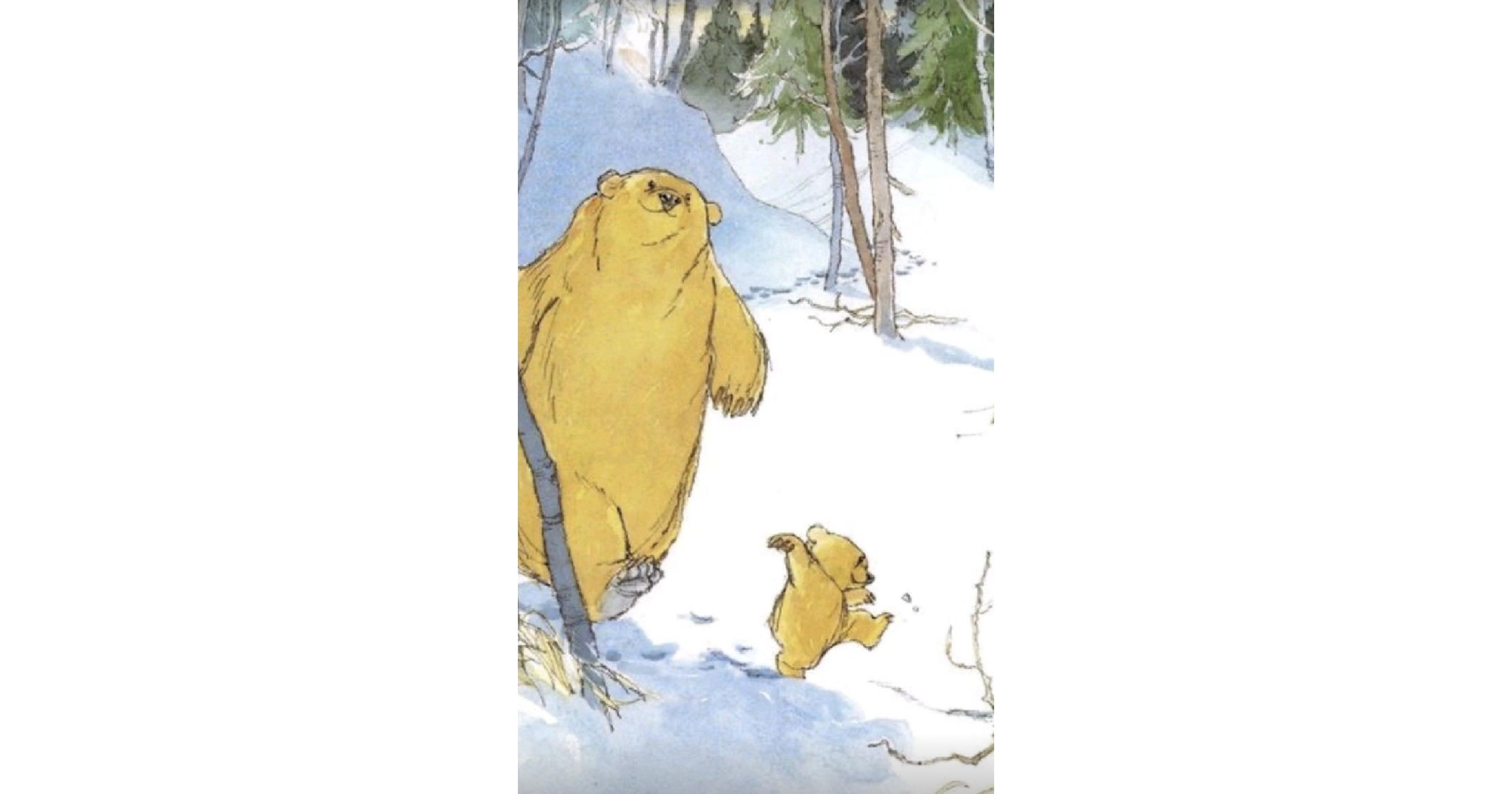 Illustration of two polar bears, an adult and a baby, frolicking in the snow with smiles on their faces