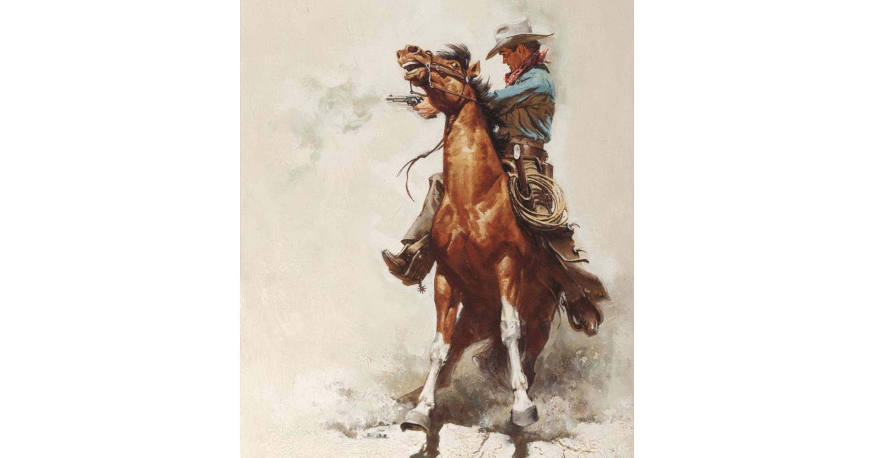 A cowboy riding a bucking brown horse