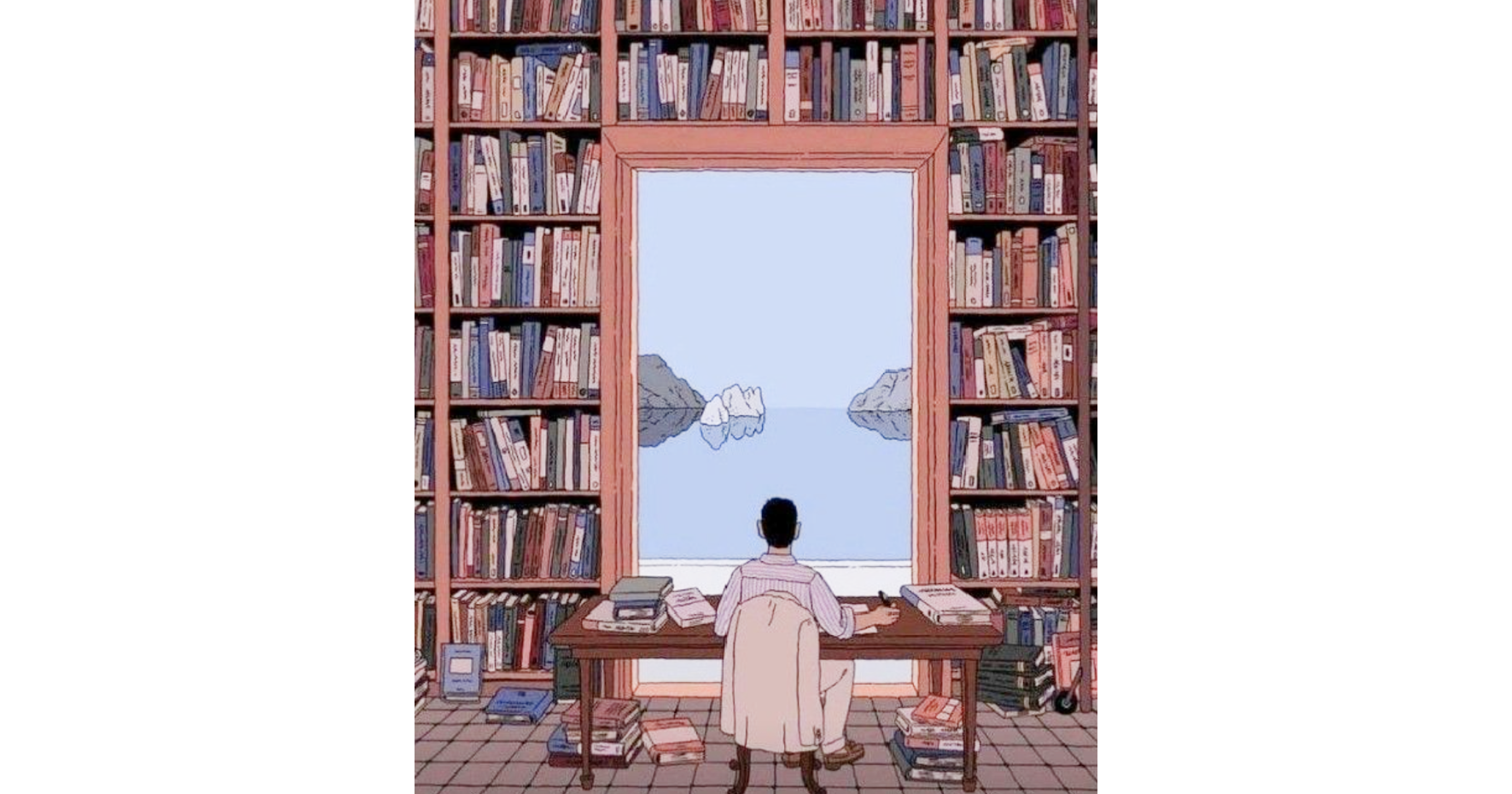 Man in a library at a desk looking out the window at a giant ocean