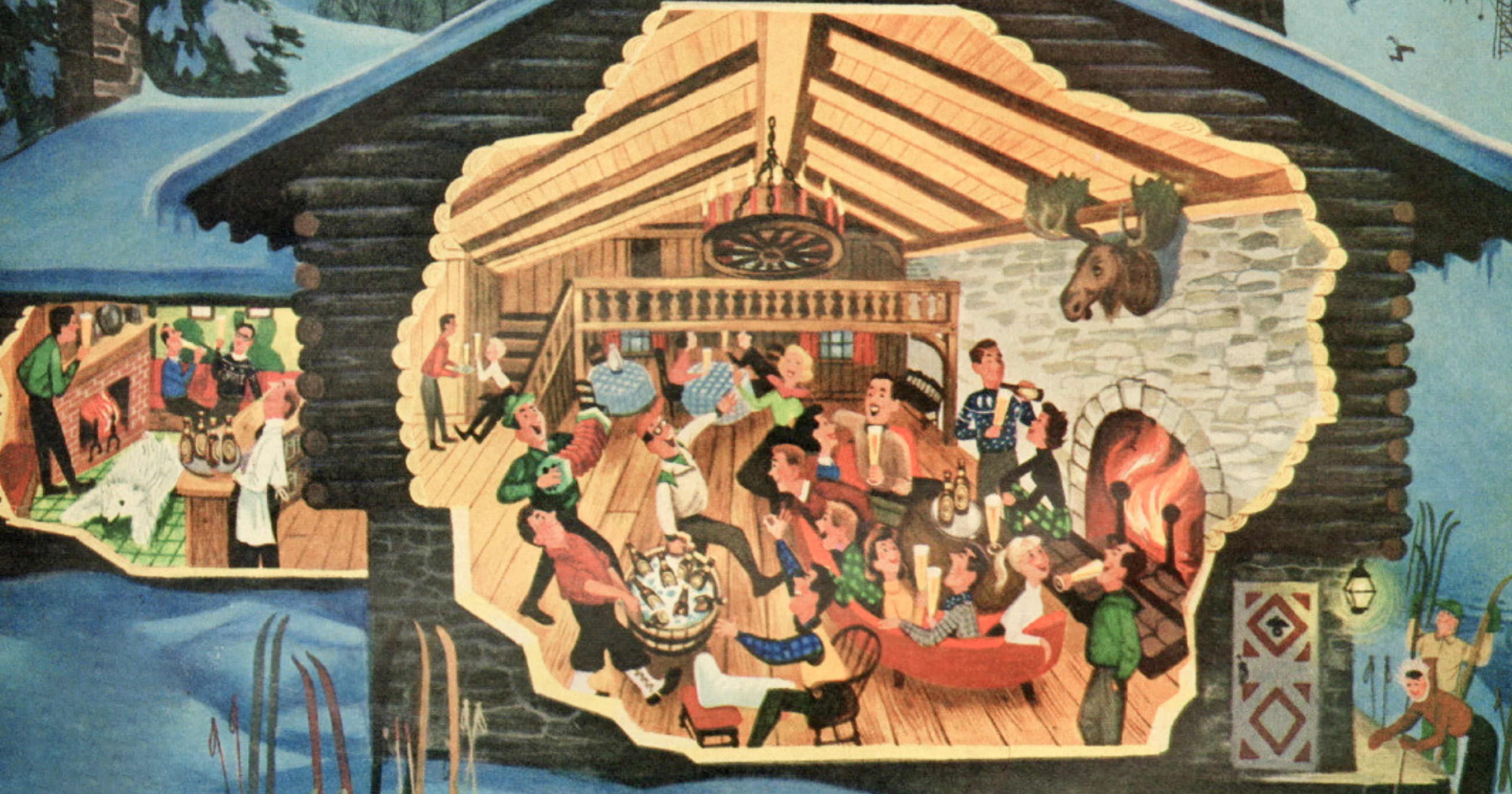 People in a winter lodge socializing and laughing