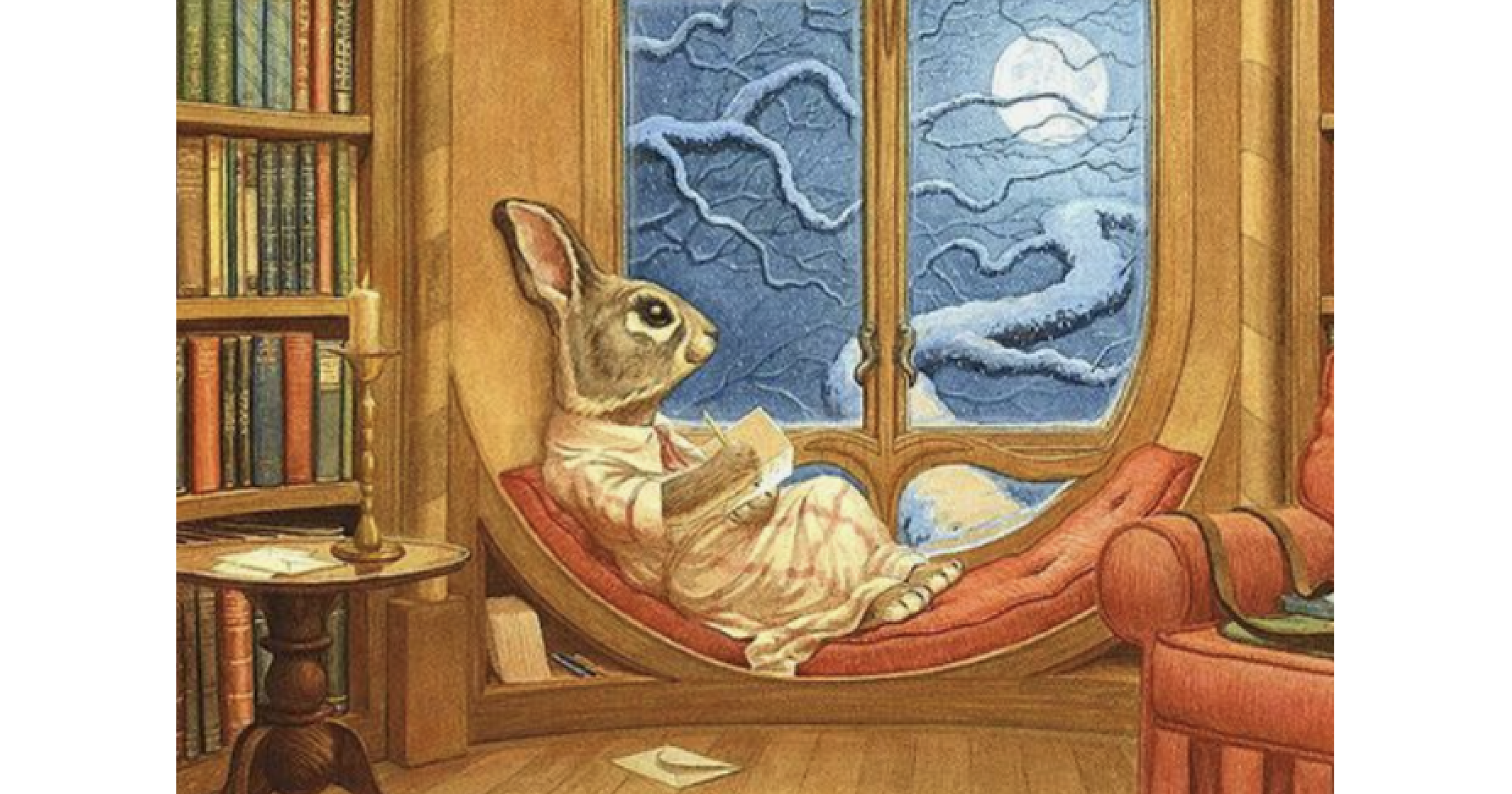 A rabbit reads a book by the window