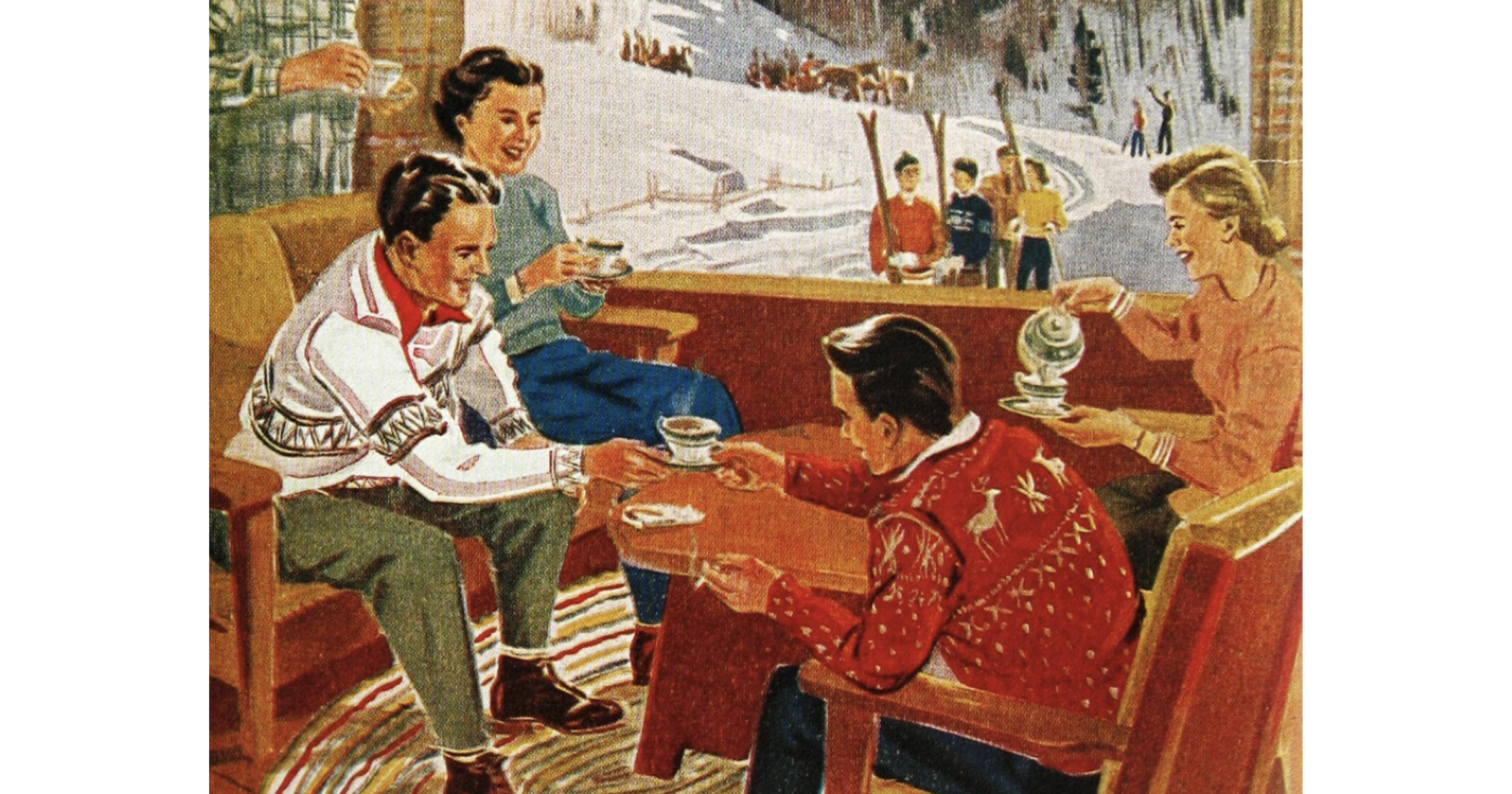 Two couples sit sipping tea and laughing at a ski lodge