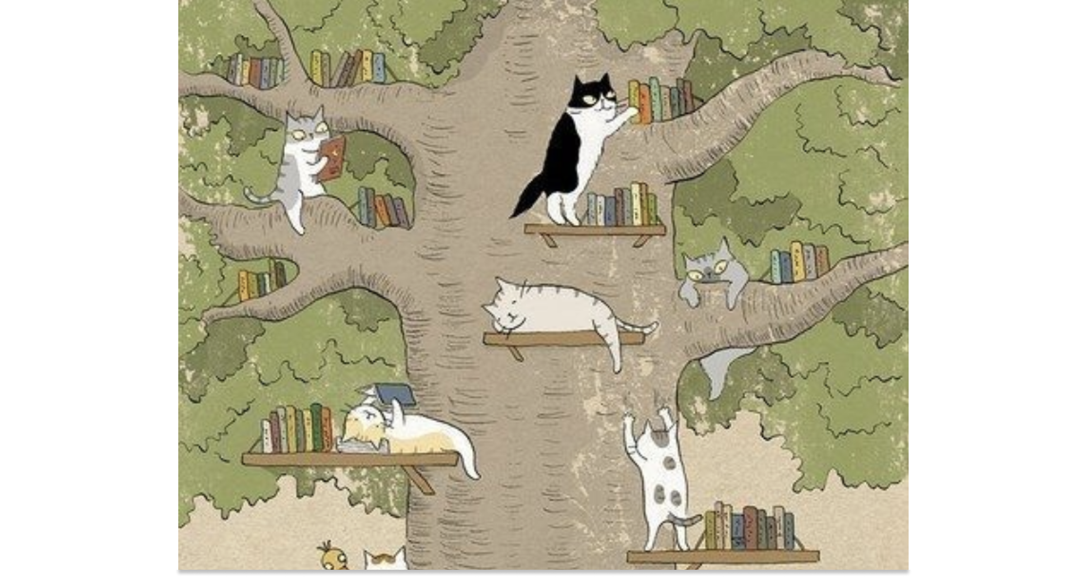 Cats in a tree climbing and reading books