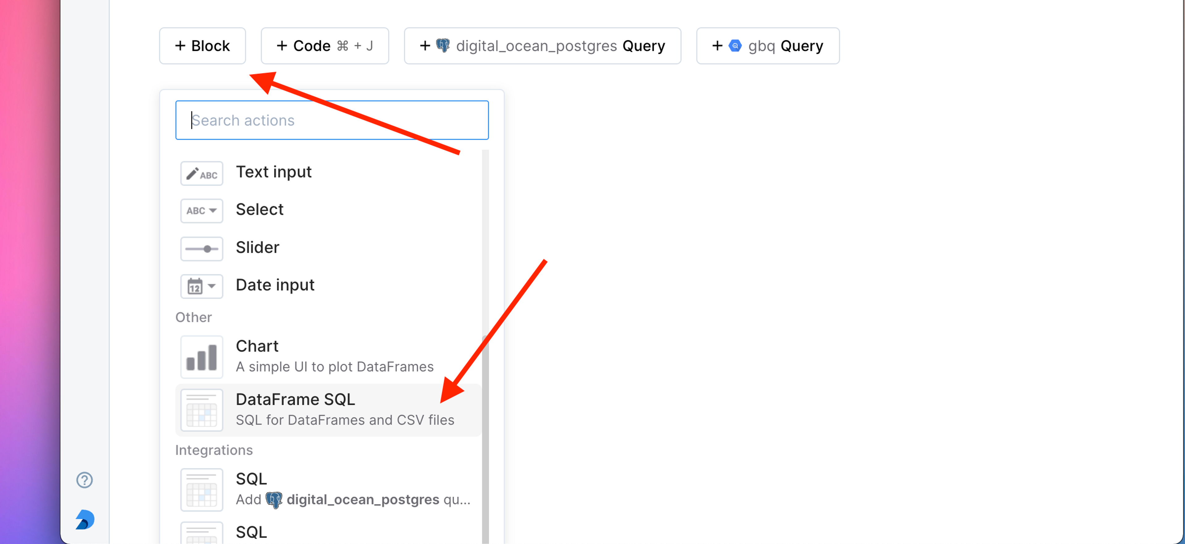 Creating a DataFrame SQL block