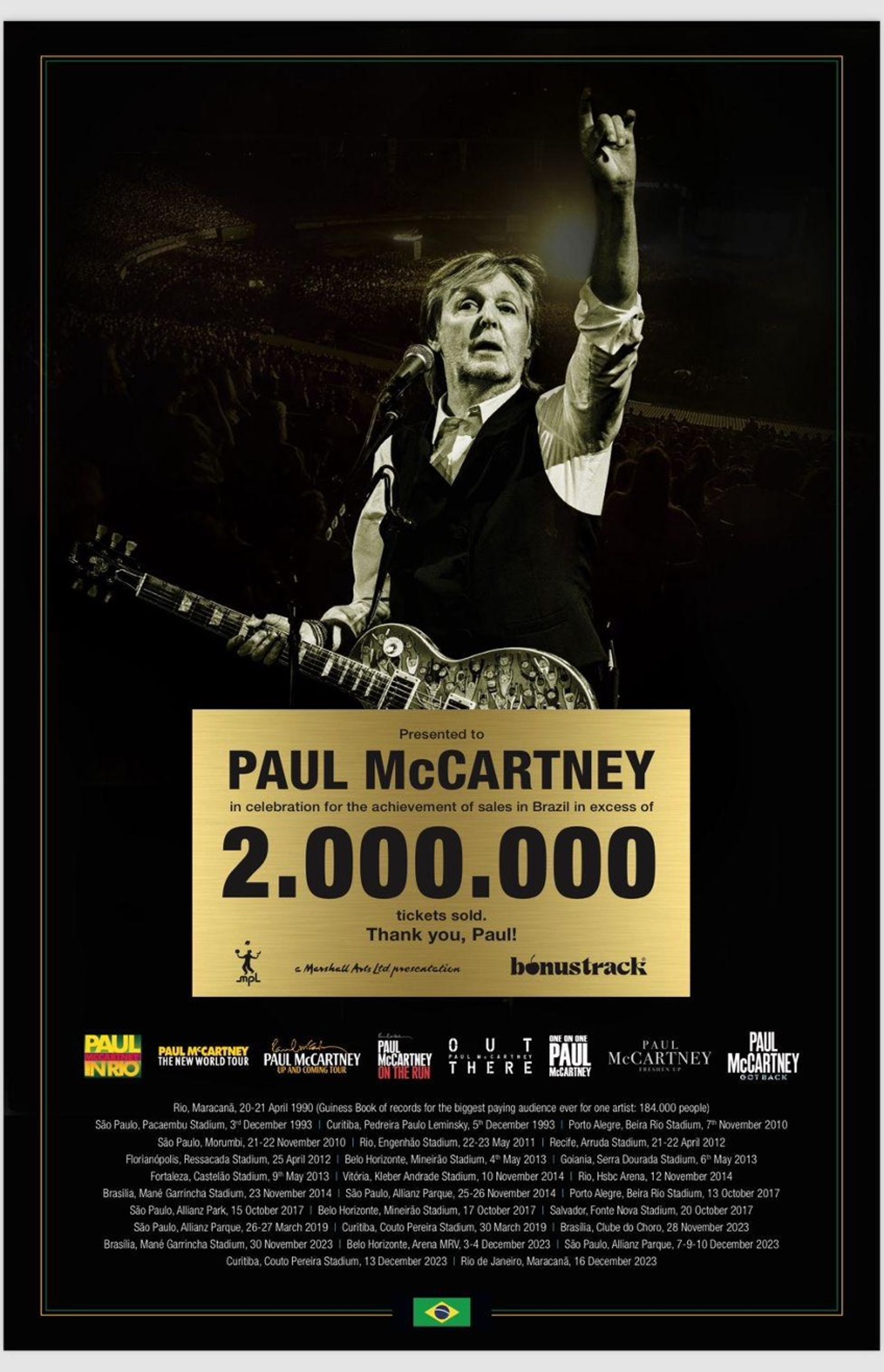 Poster congratulating Paul on selling over 2 million tickets in Brazil