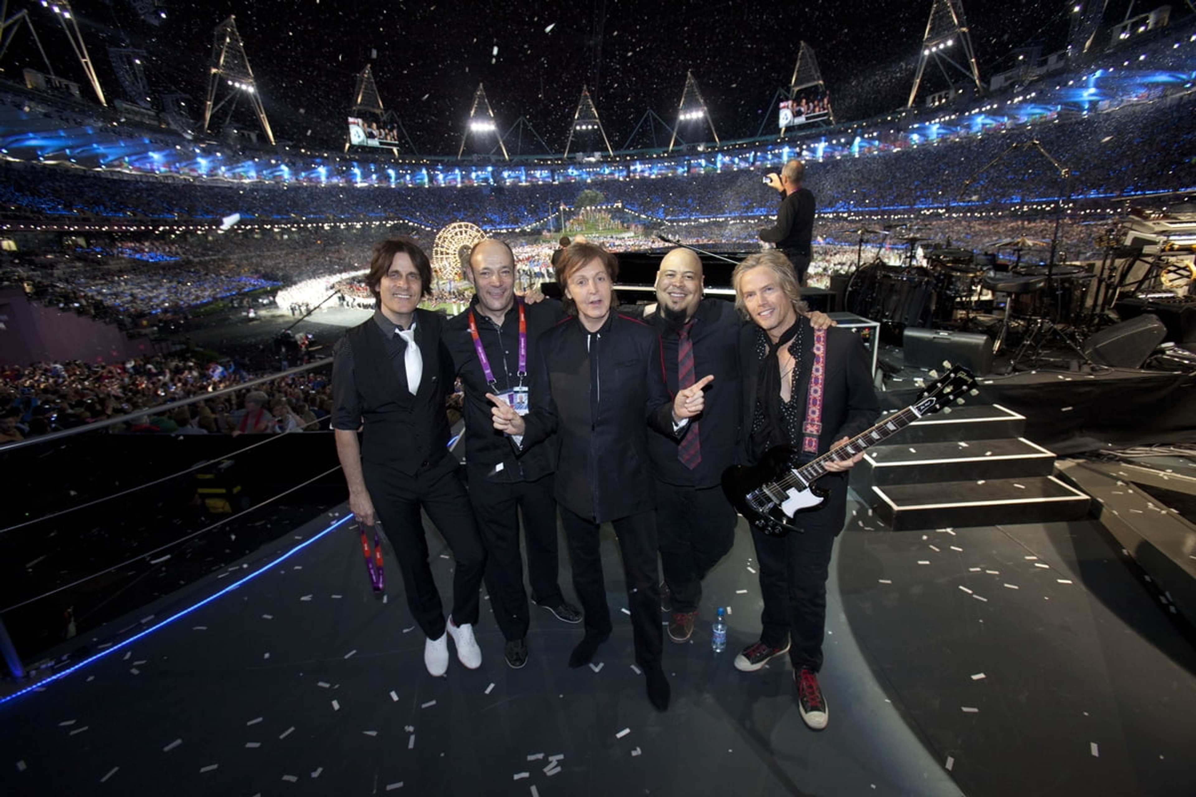 Rusty, Wix, Paul, Abe and Brian on stage at the Olympics Opening Ceremony, London, 27-Jul-12