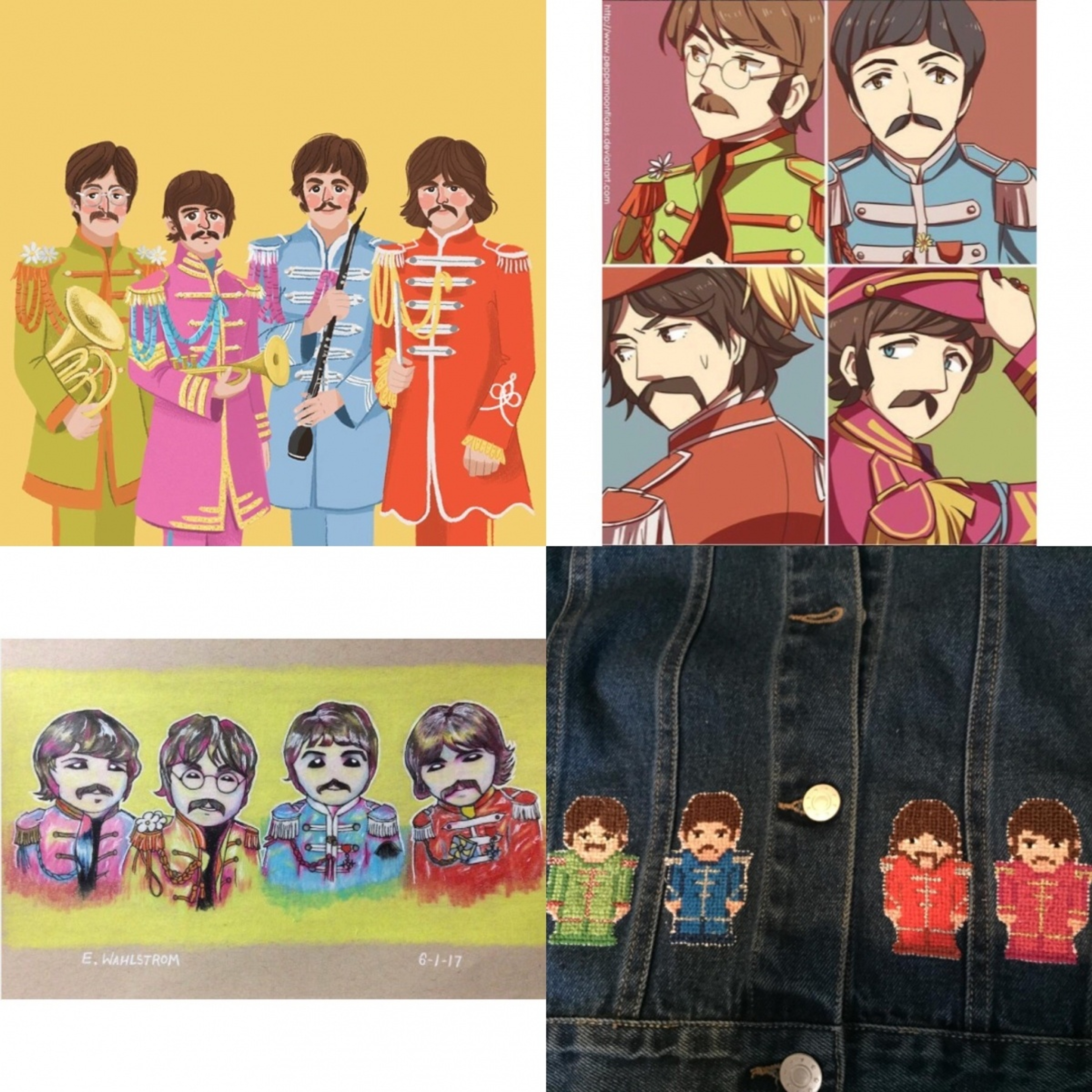 Sgt. Pepper fan art by Instagram users peppermoonflakes, georgeoliviaharrison, elsa_wahlstrom and sandylandcrabs!