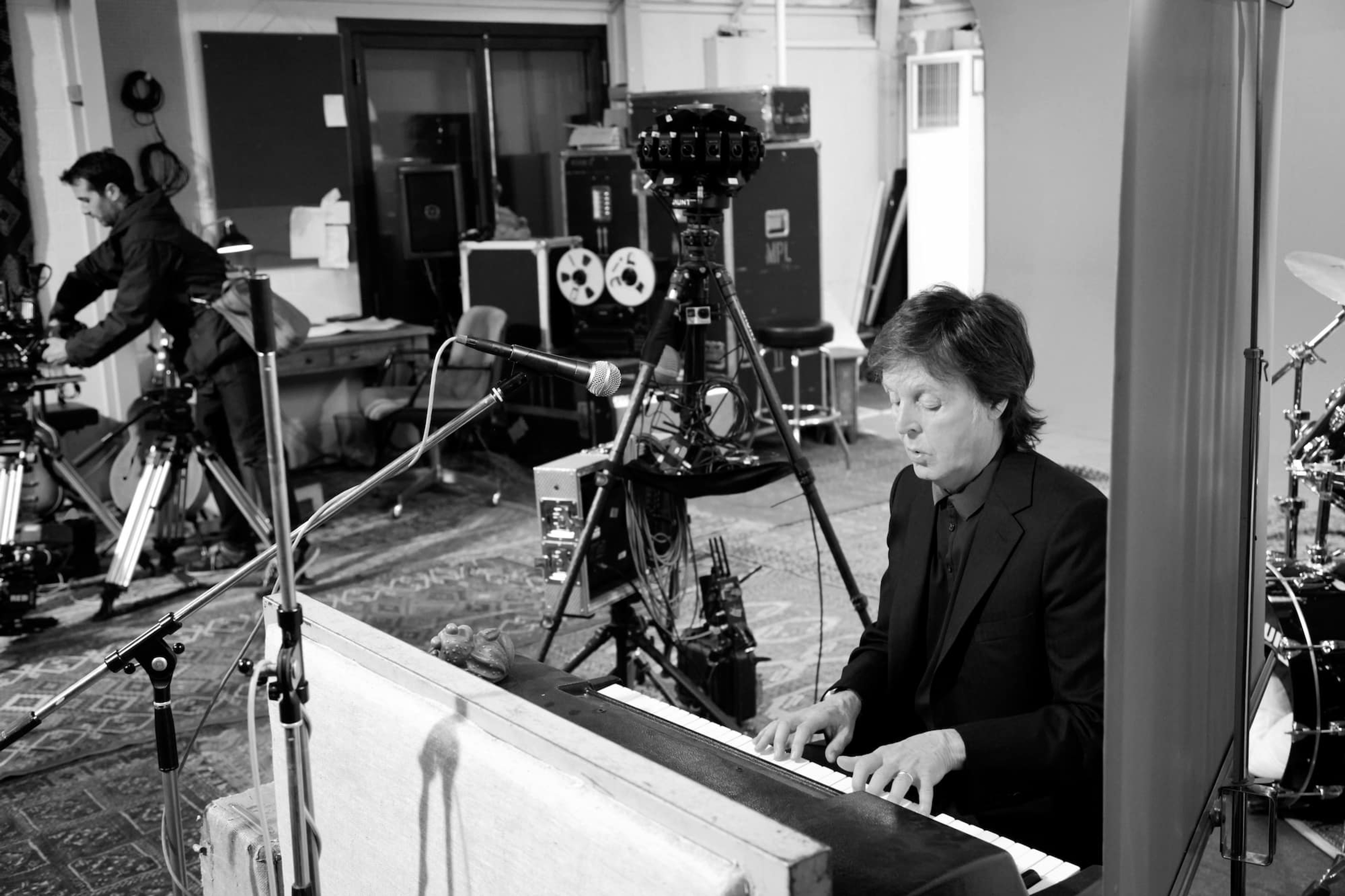 Photo of Paul at the piano, Hog Hill Mill Studios in Sussex, recording the Pure McCartney VR series
