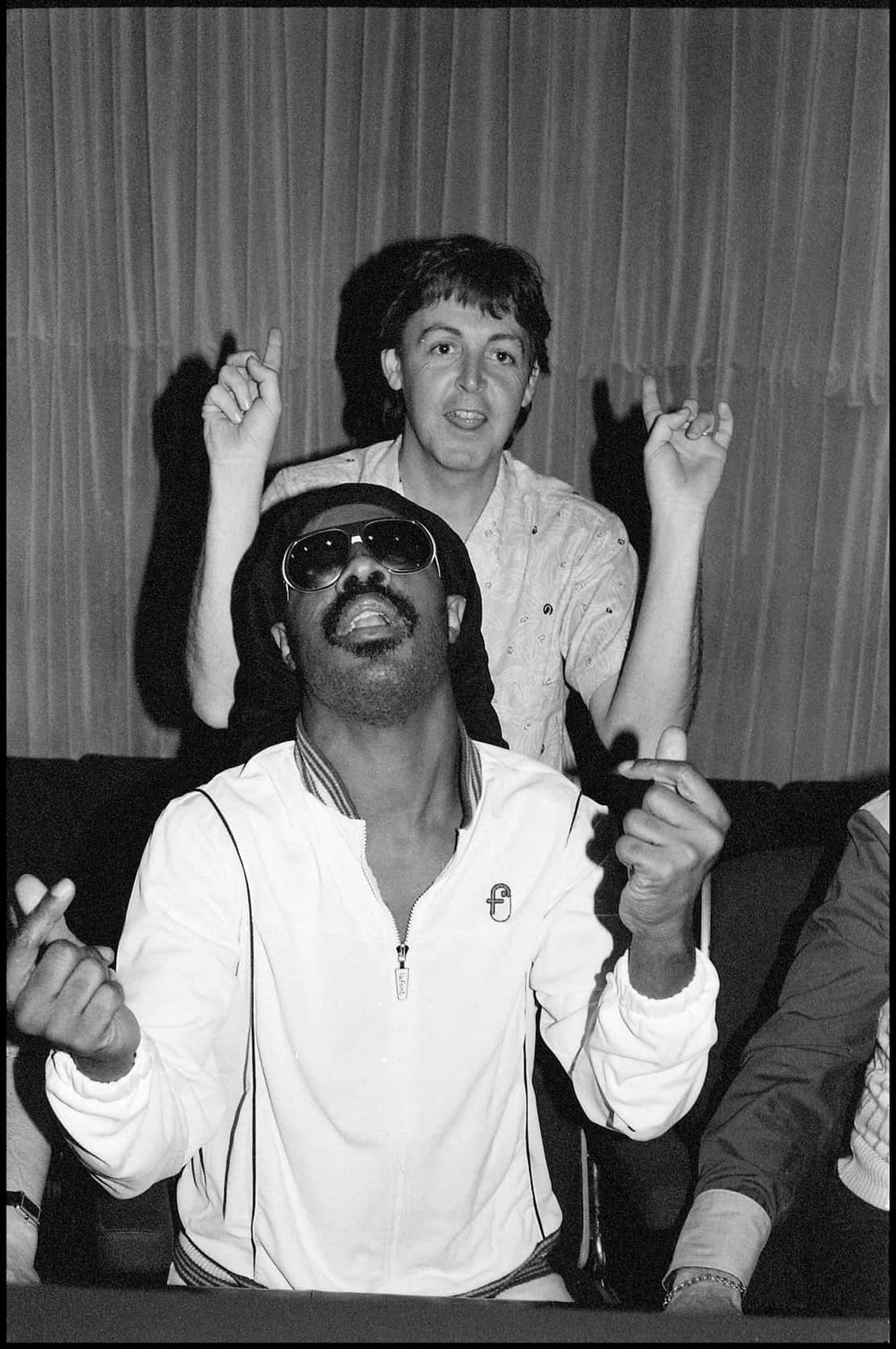 Paul and Stevie Wonder during the 'Tug Of War' recording sessions.