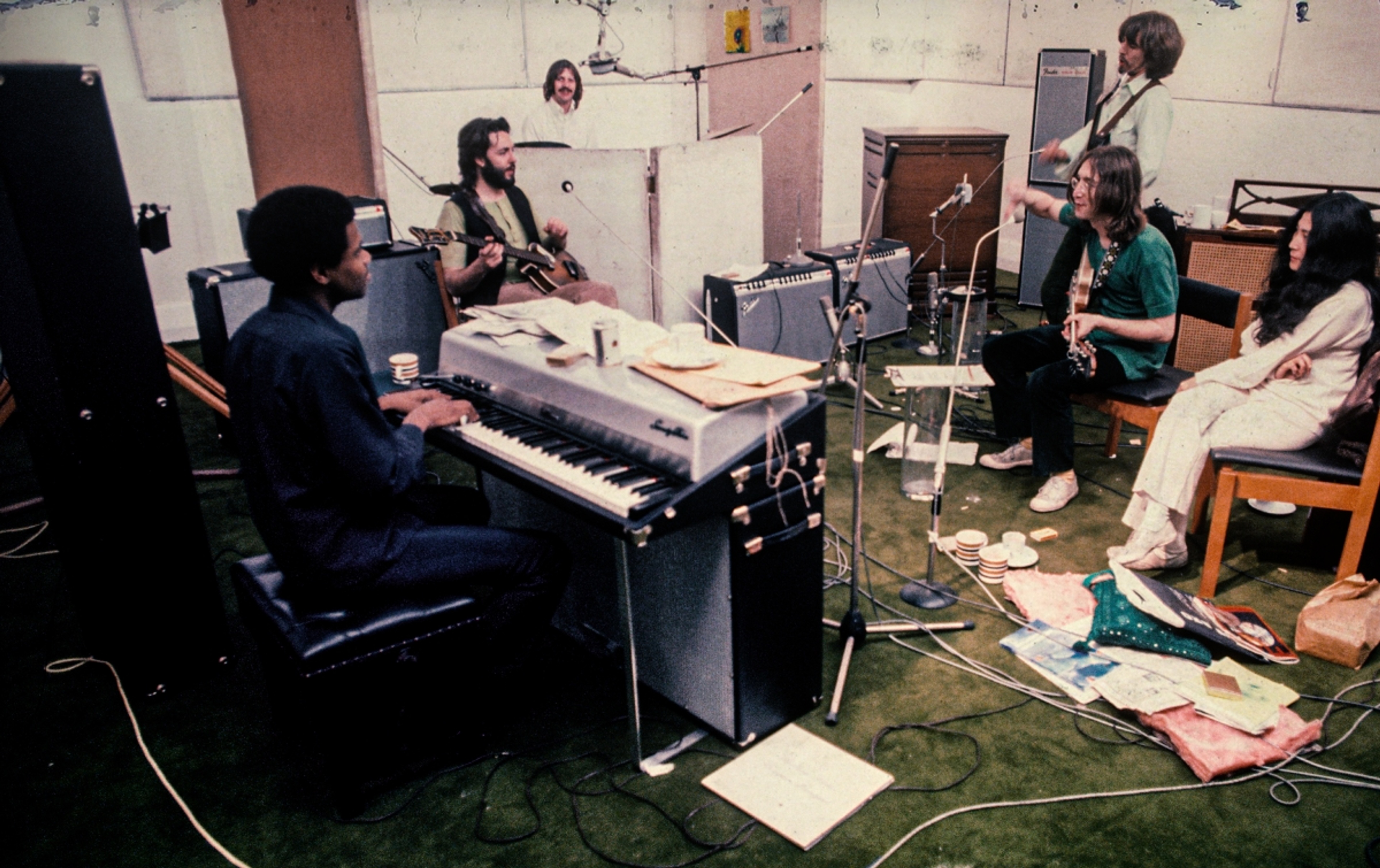 photo of The Beatles, Yoko Ono and studio musicians at the 'Let It Be' recording sessions in London