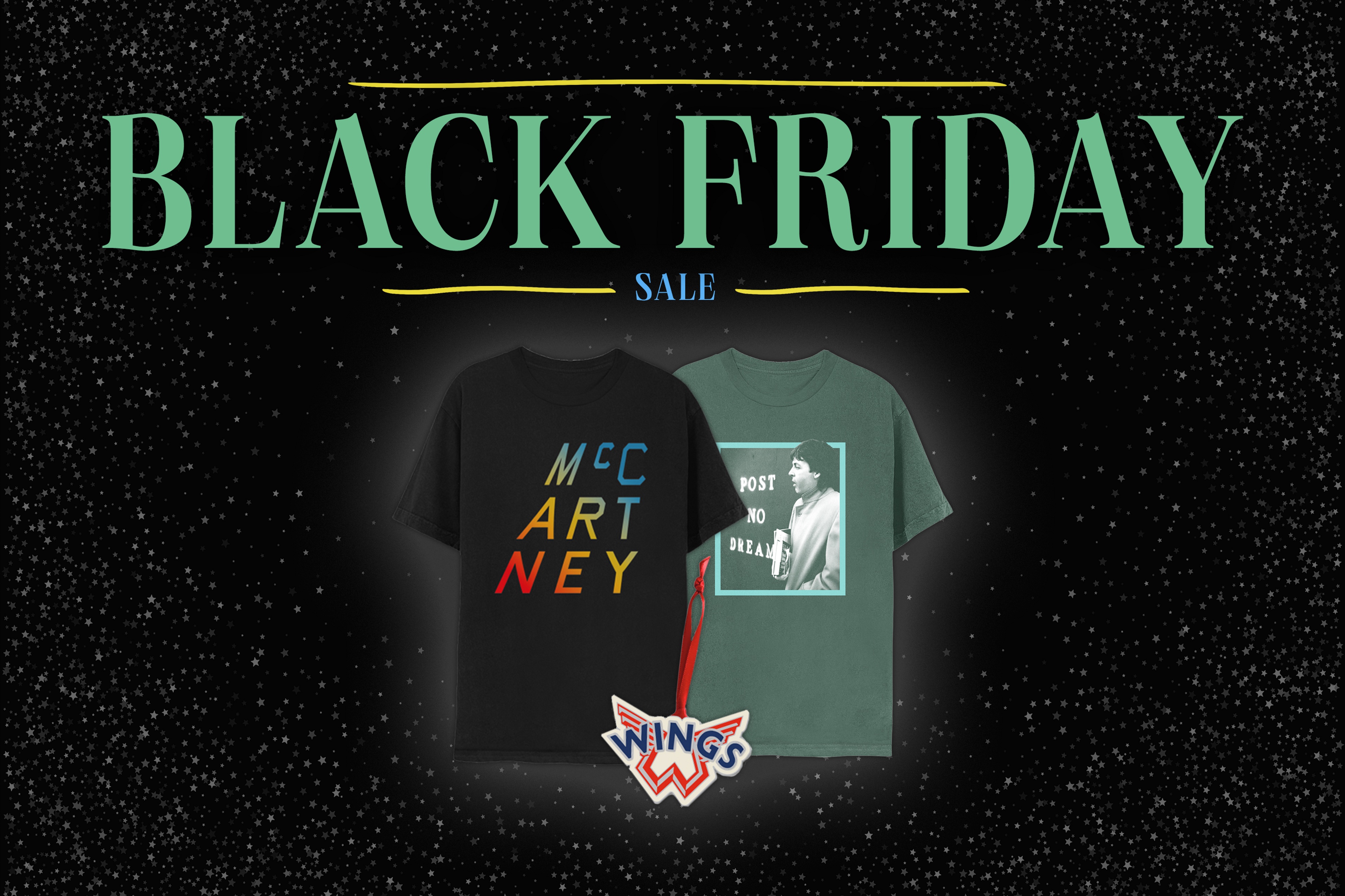 Graphic image with a selection of Paul McCartney merchandise and text saying 'Black Friday Sale'