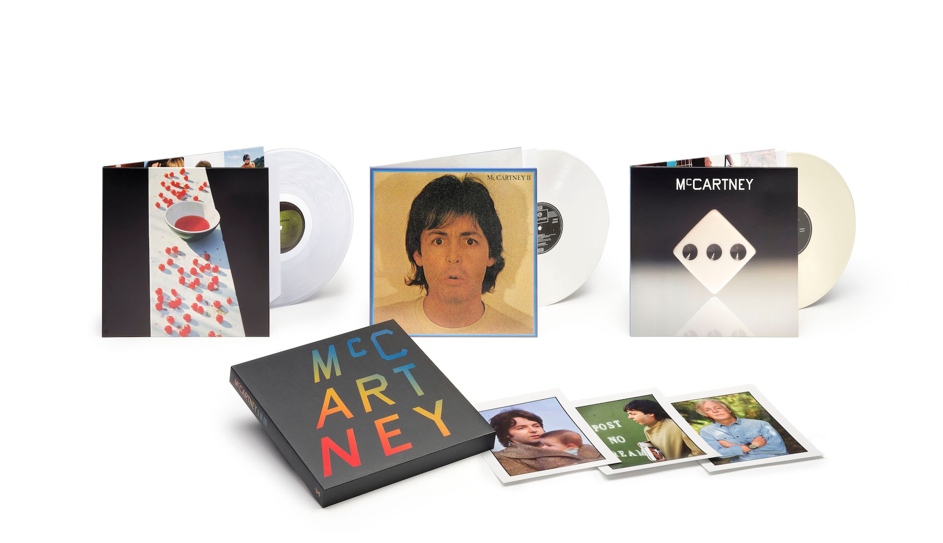 Layout of the McCartney I II III box set in colour vinyl, featuring 3 vinyl records and 3 photo prints