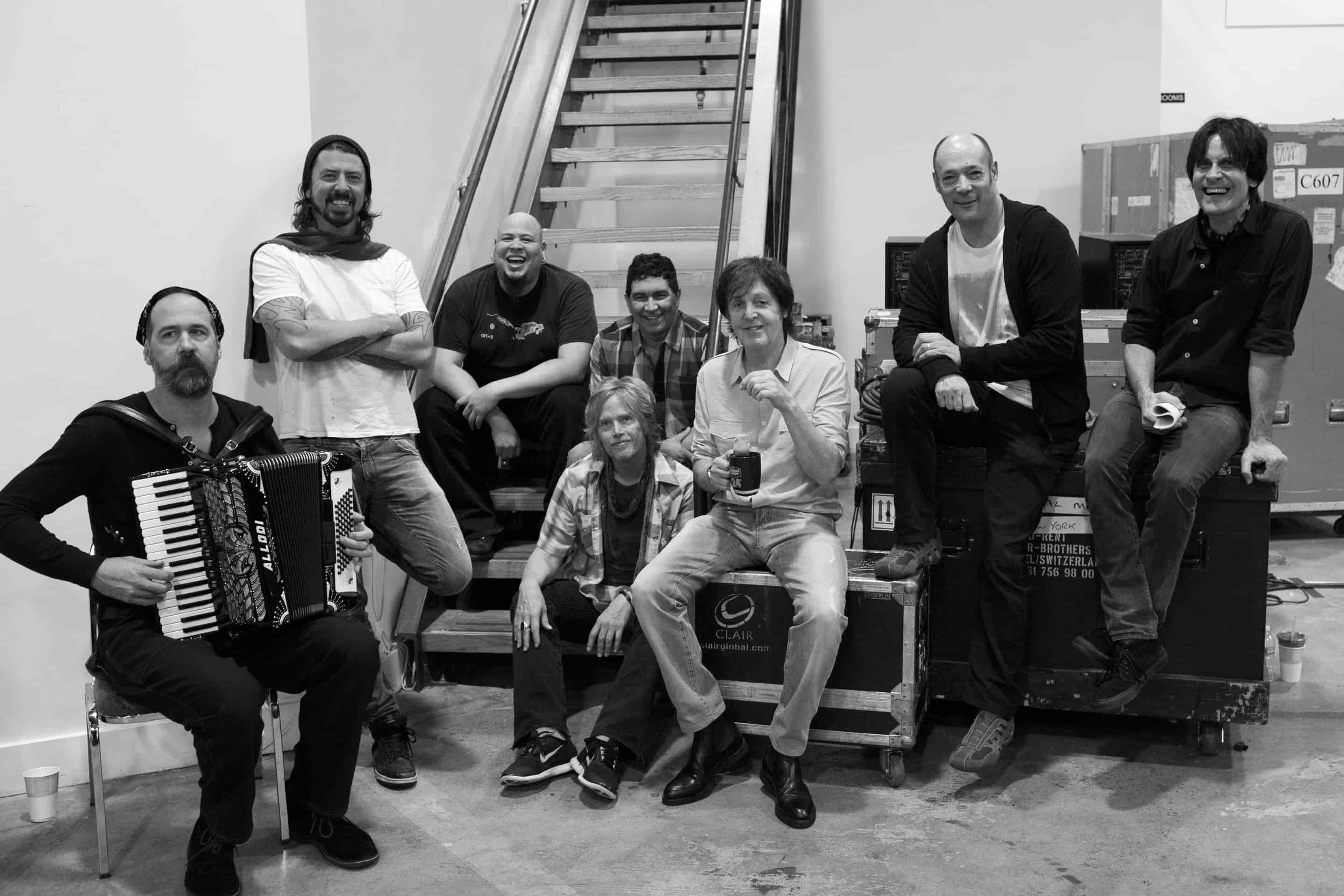 Photo of Krist Novoselic, Dave Grohl, Abe, Brian, Pat Smear, Paul, Wix and Rusty at rehearsals for 12-12-12 Hurricane Sandy Benefit
