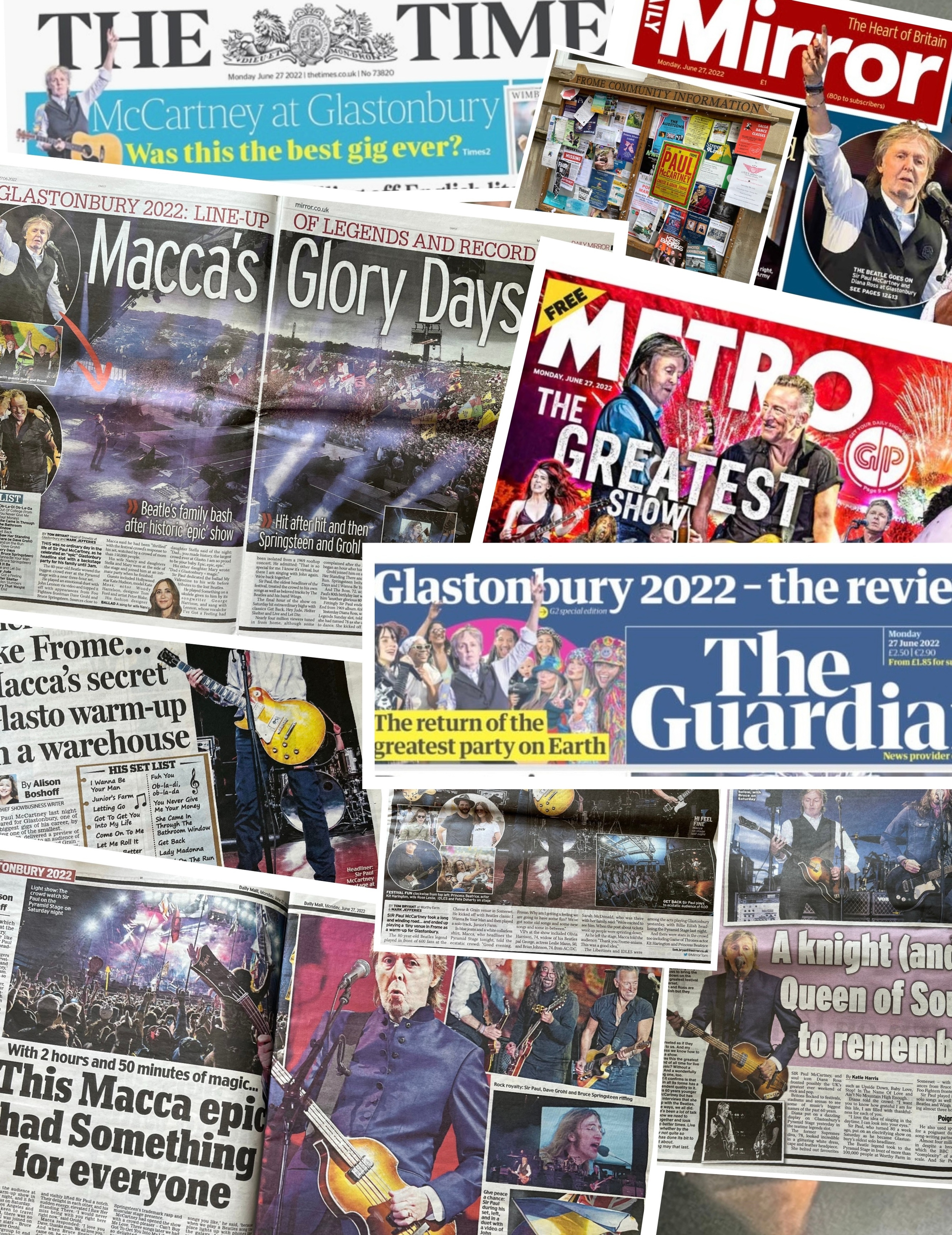 Collage of newspaper headlines about Paul's headline show at Glastonbury