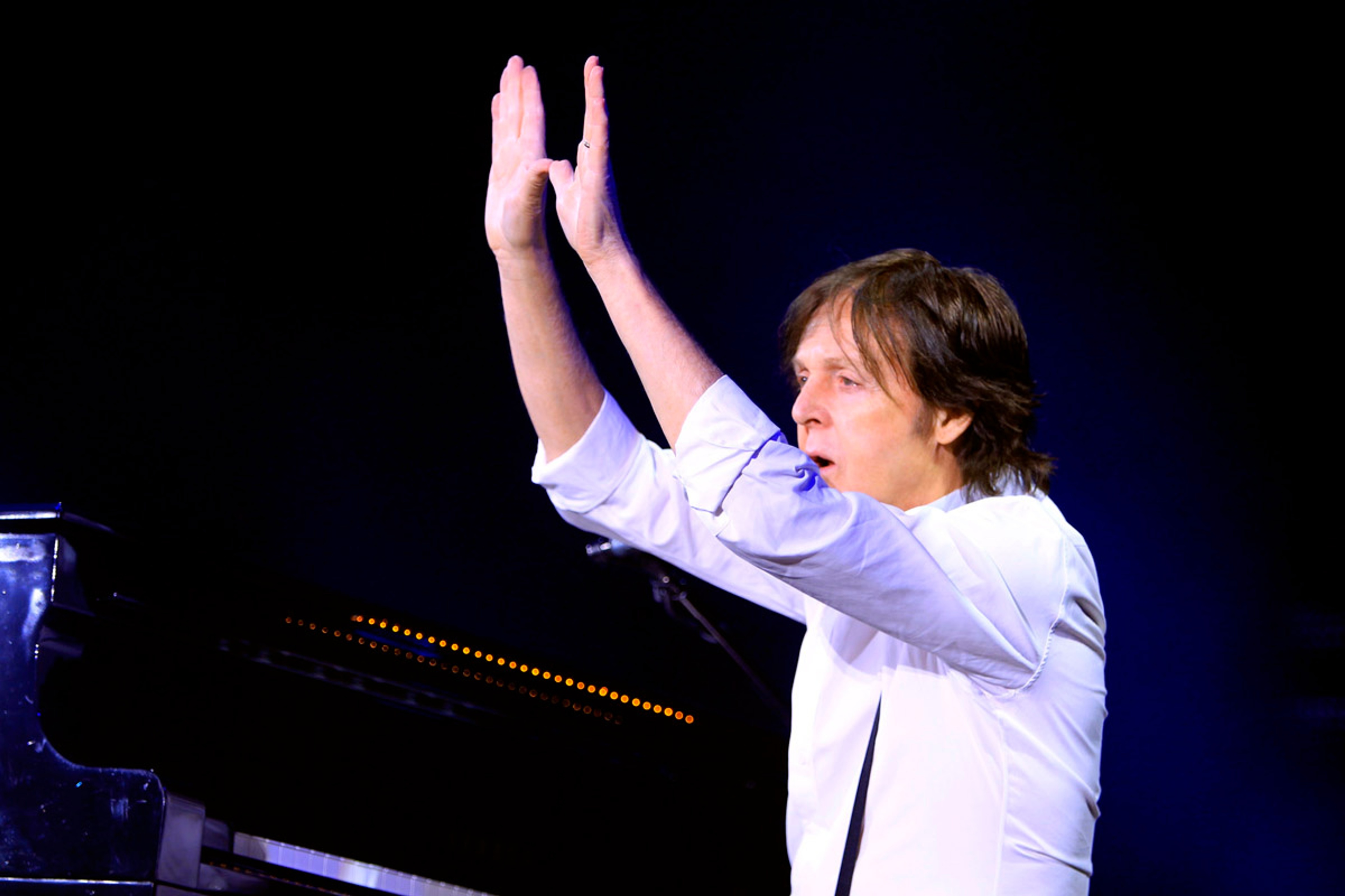 Paul at his piano on stage, Minute Maid Park, Houston, 14th November 2012