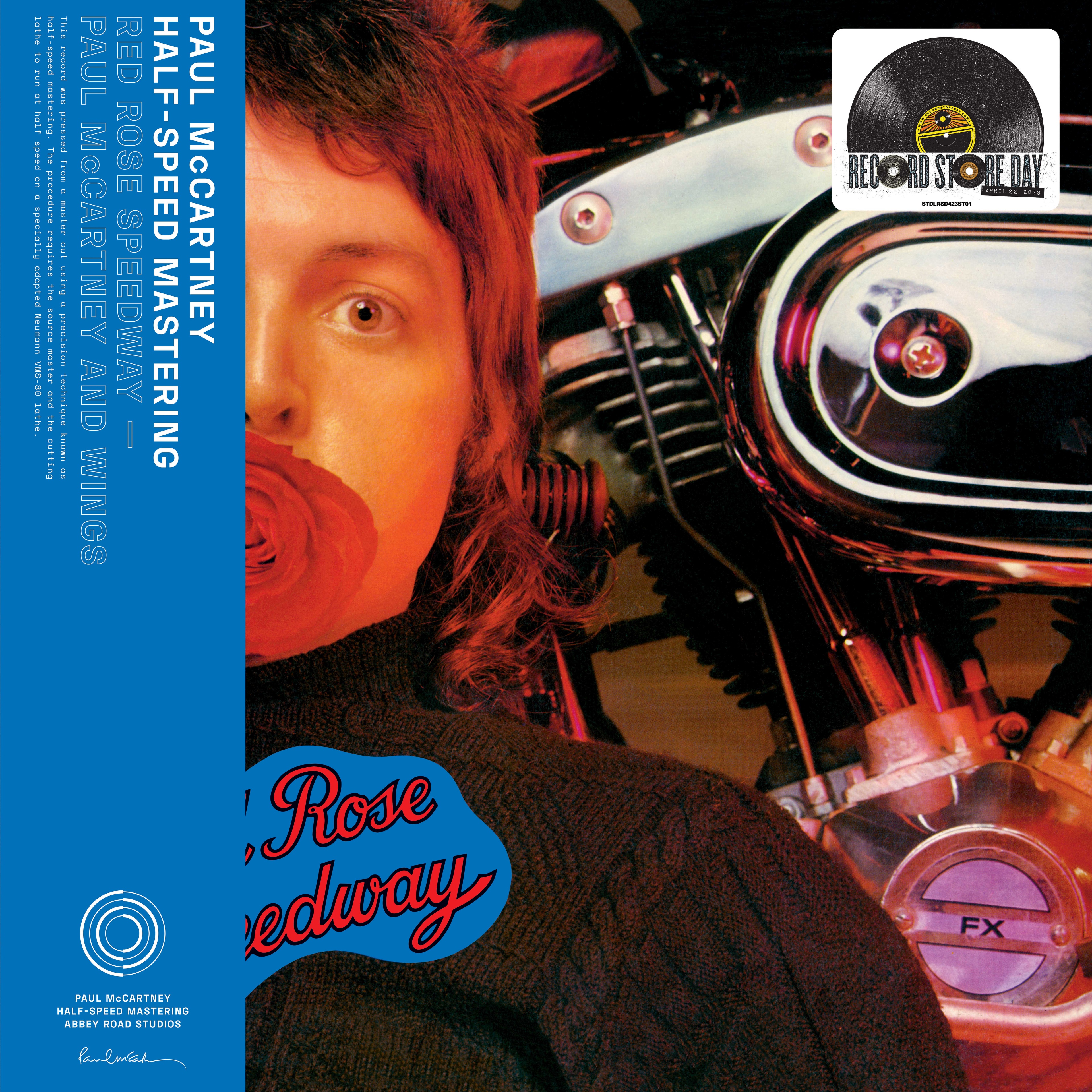 Cover art for 'Red Rose Speedway' 50th Anniversary vinyl, showing Paul with a rose in his mouth 
