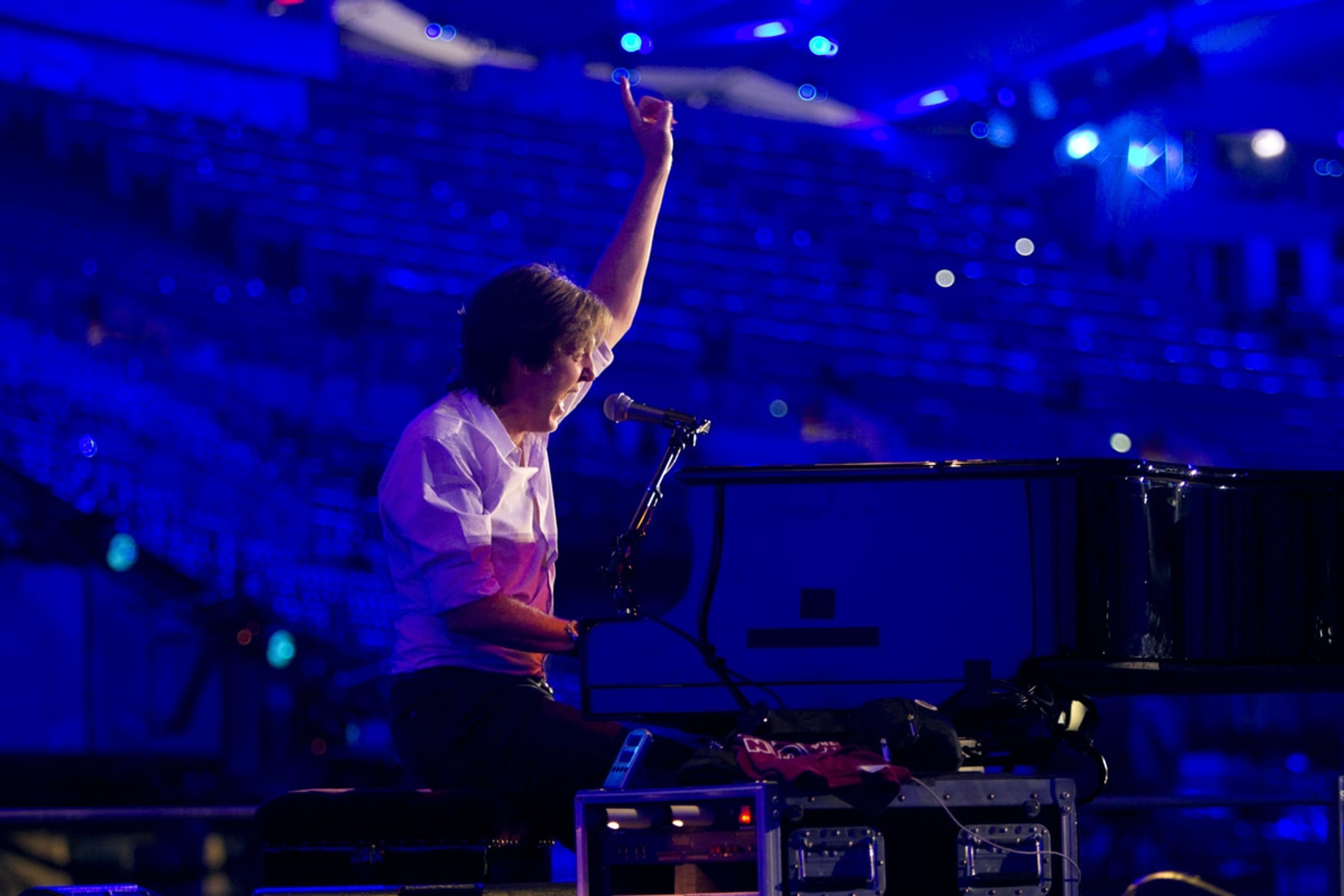 Paul on stage at the Olympic Opening Ceremony rehearsals, London, 27-Jul-12
