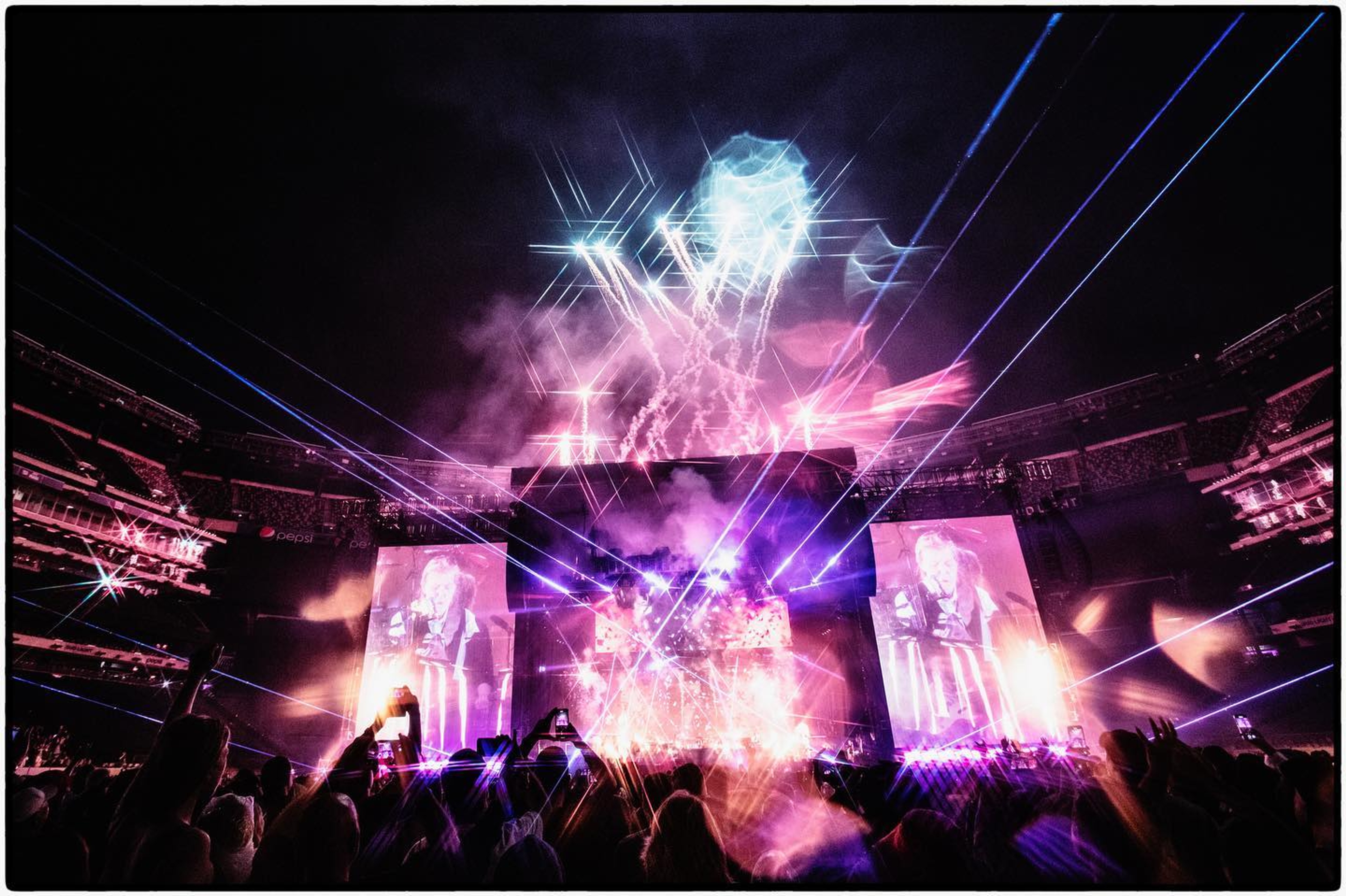 Photo of the GOT BACK tour stage, with explosions and lasers during Paul McCartney's set at MetLife Stadium in East Rutherford, New Jersey