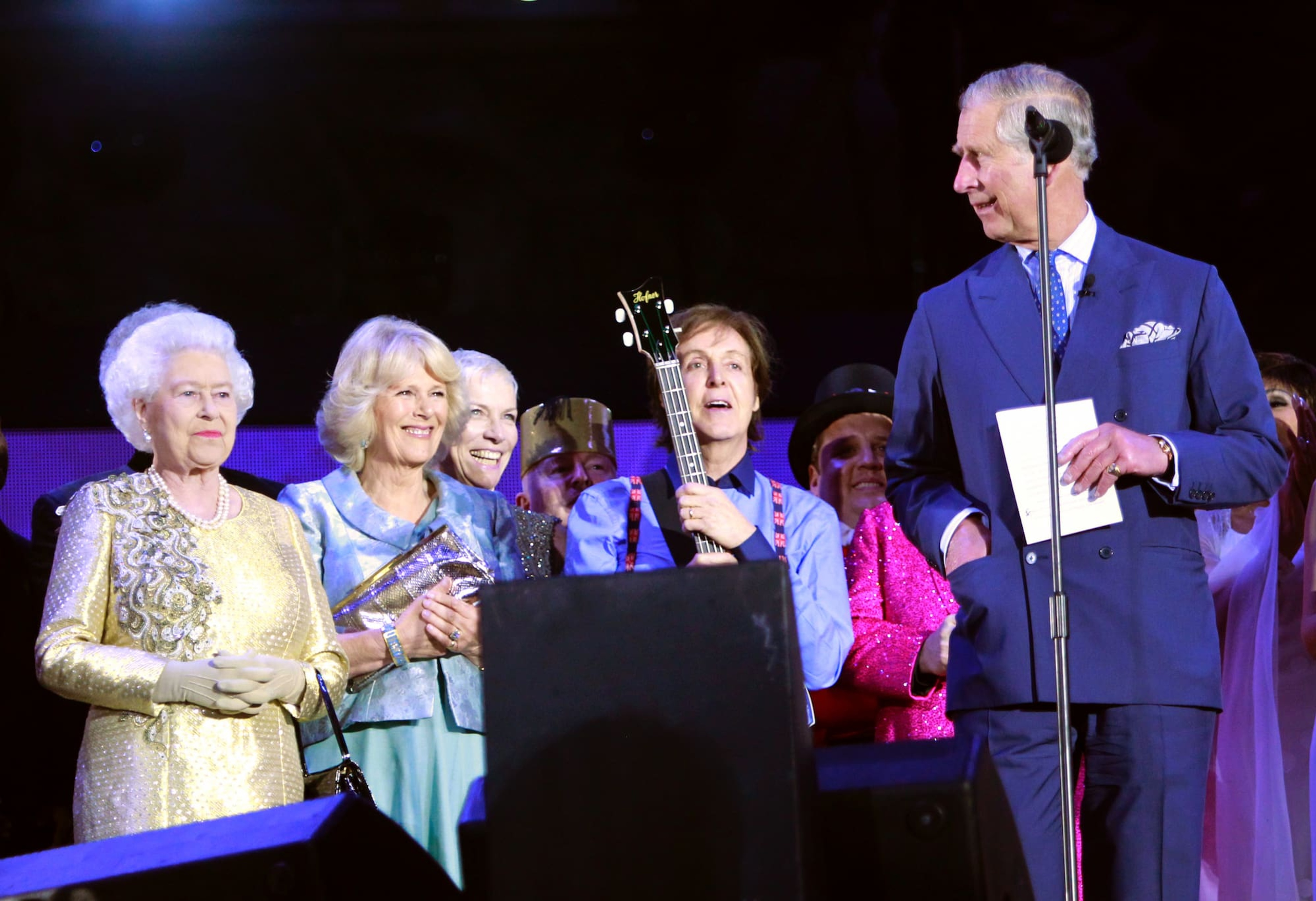 Photo of HRH Queen Elizabeth, Camilla Parker Bowles, Prince Charles and Paul McCartney on stage at the Diamond Jubilee concert 