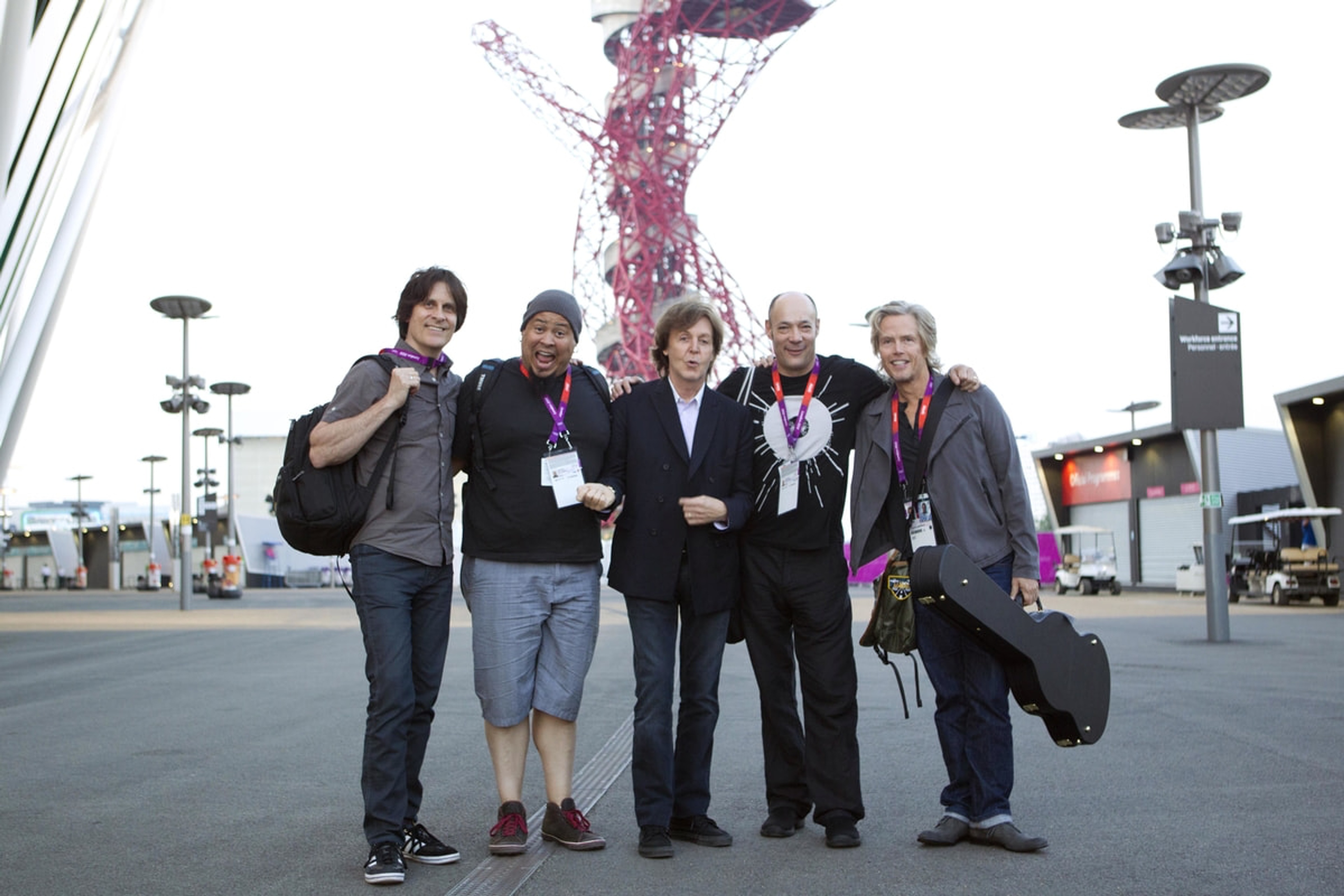 Rusty, Abe, Paul, Wix and Brian at the Olympic Opening Ceremony rehearsals, London, 27-Jul-12