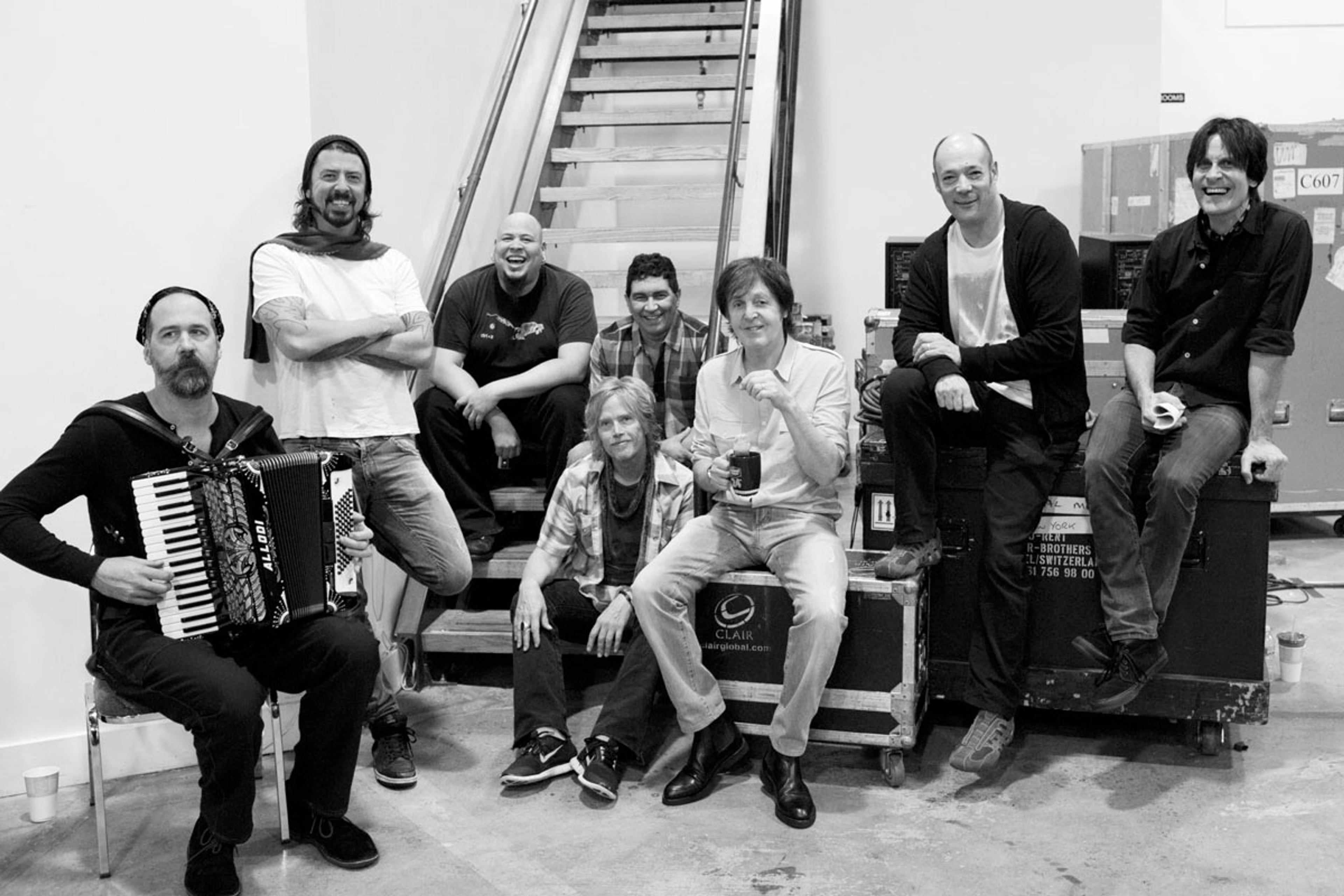 From l-r: Krist Novoselic, Dave Grohl, Abe, Brian, Pat Smear, Paul, Wix and Rusty at rehearsals, 12-12-12 Hurricane Sandy Benefit, Madison Square Garden, NYC, 10th December 2012