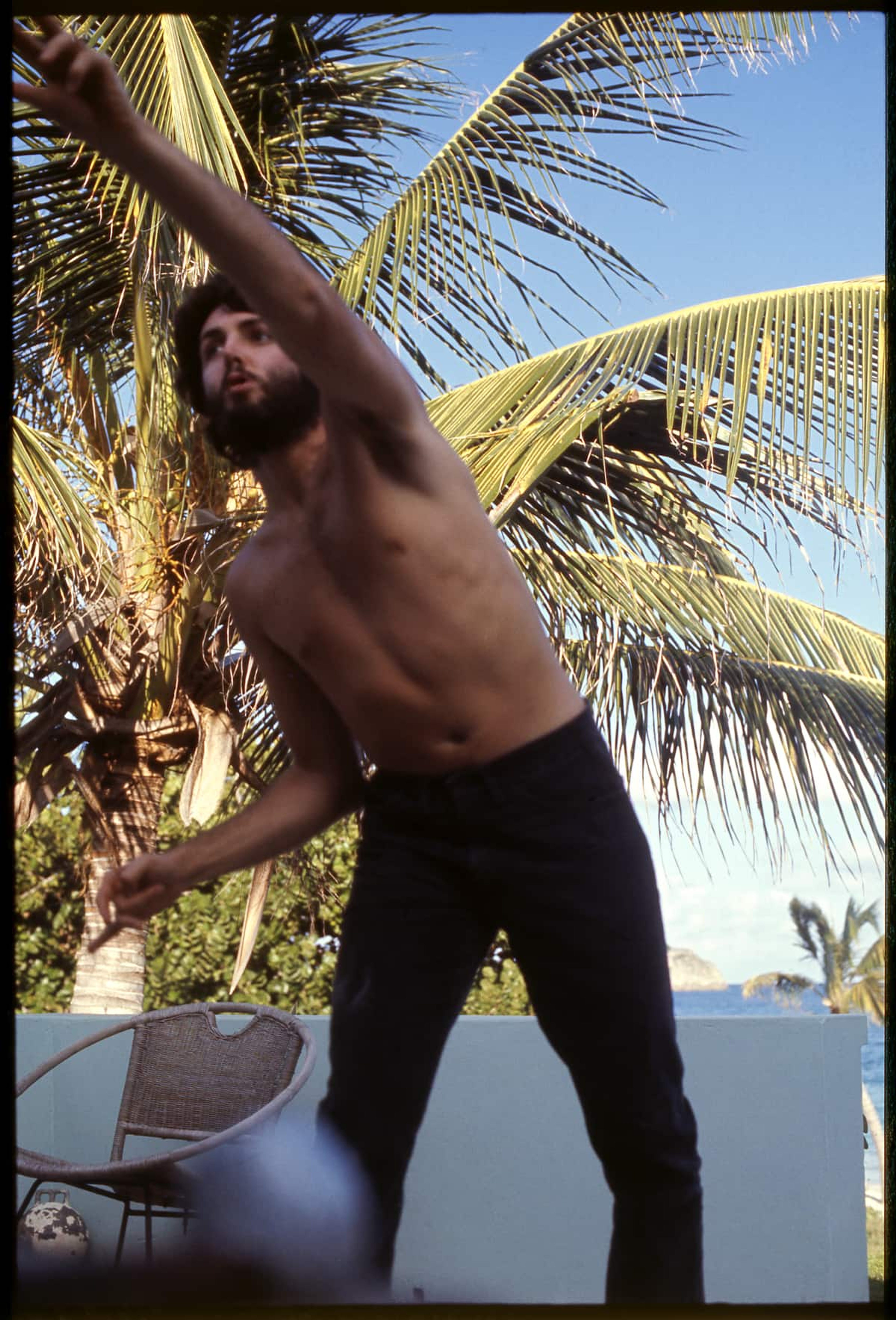 Photo of Paul McCartney reaching out in front of a palm tree