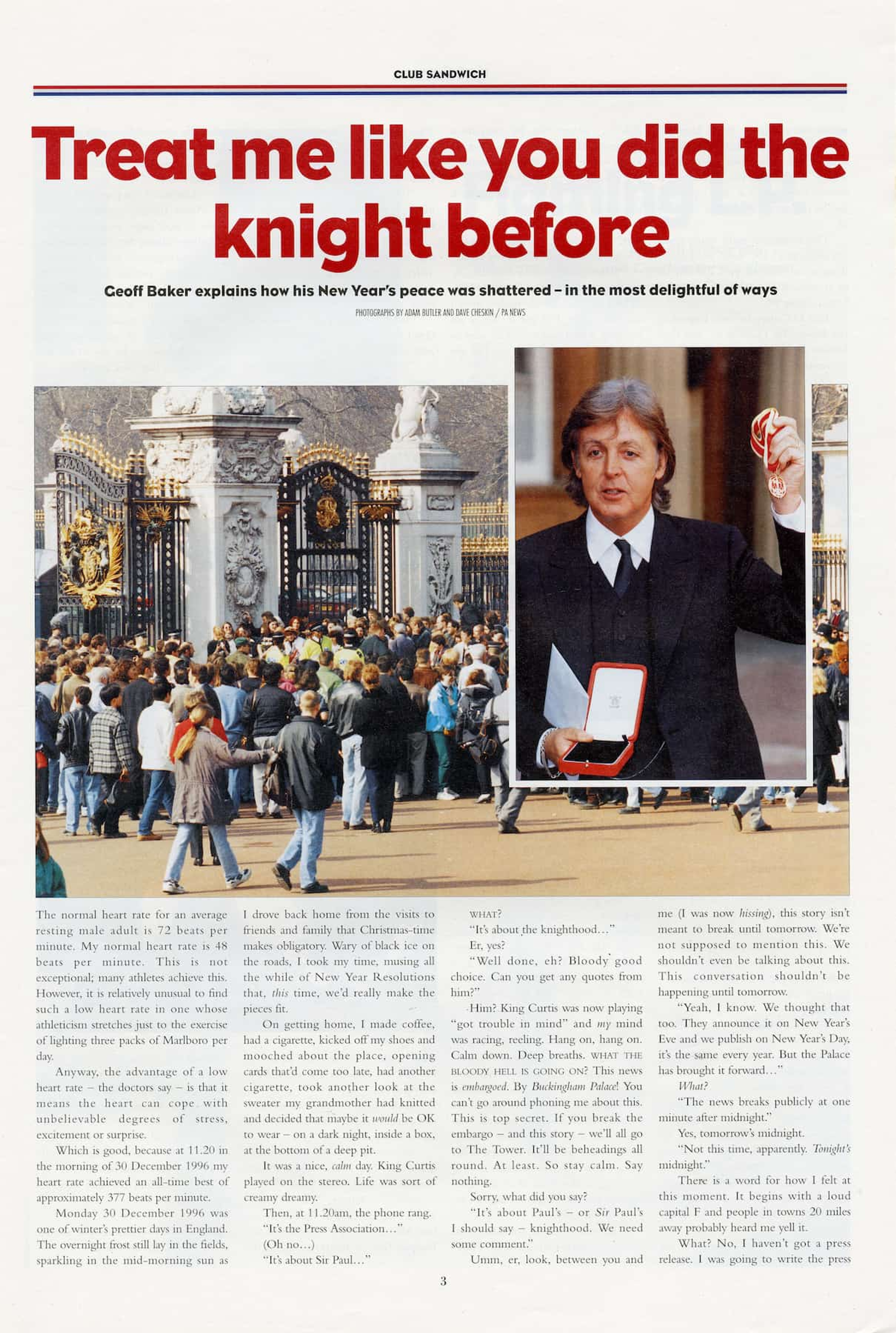 Scan of 'Club Sandwich' magazine spread on Paul's knighthood in 1997.