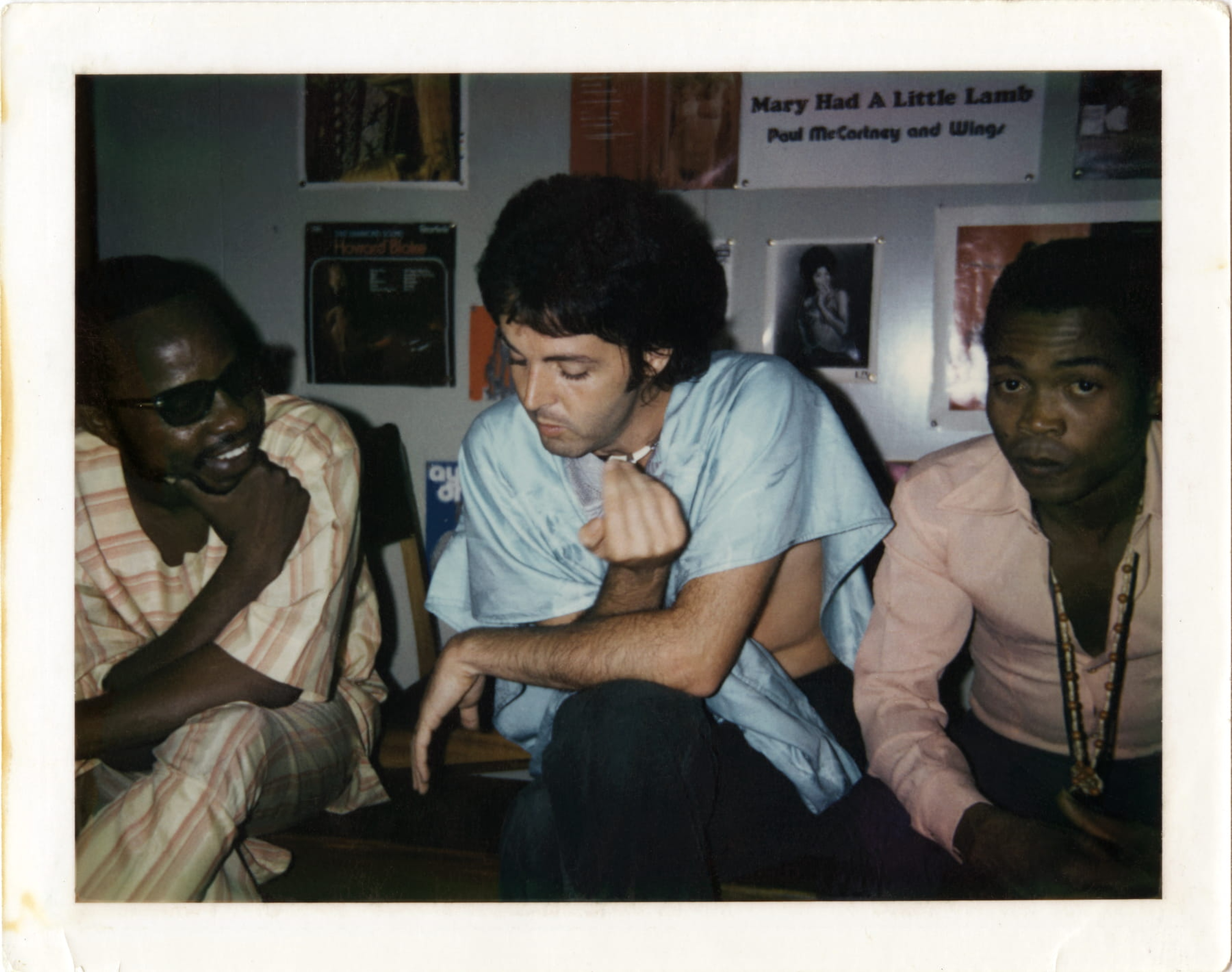 Polaroid of Paul with Fela Kuti and Remi Kabaka at the 'Band On The Run' recording sessions.