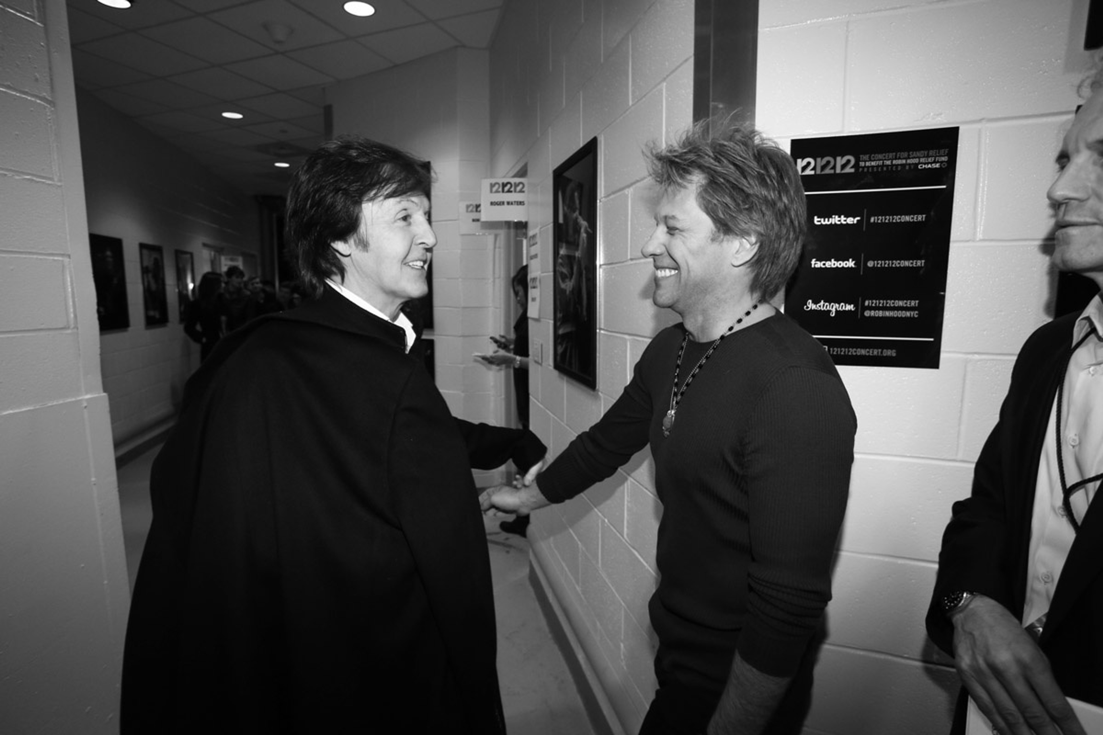 Paul backstage with Jon Bon Jovi, 12-12-12 Hurricane Sandy Benefit, Madison Square Garden, NYC, 12th December 2012