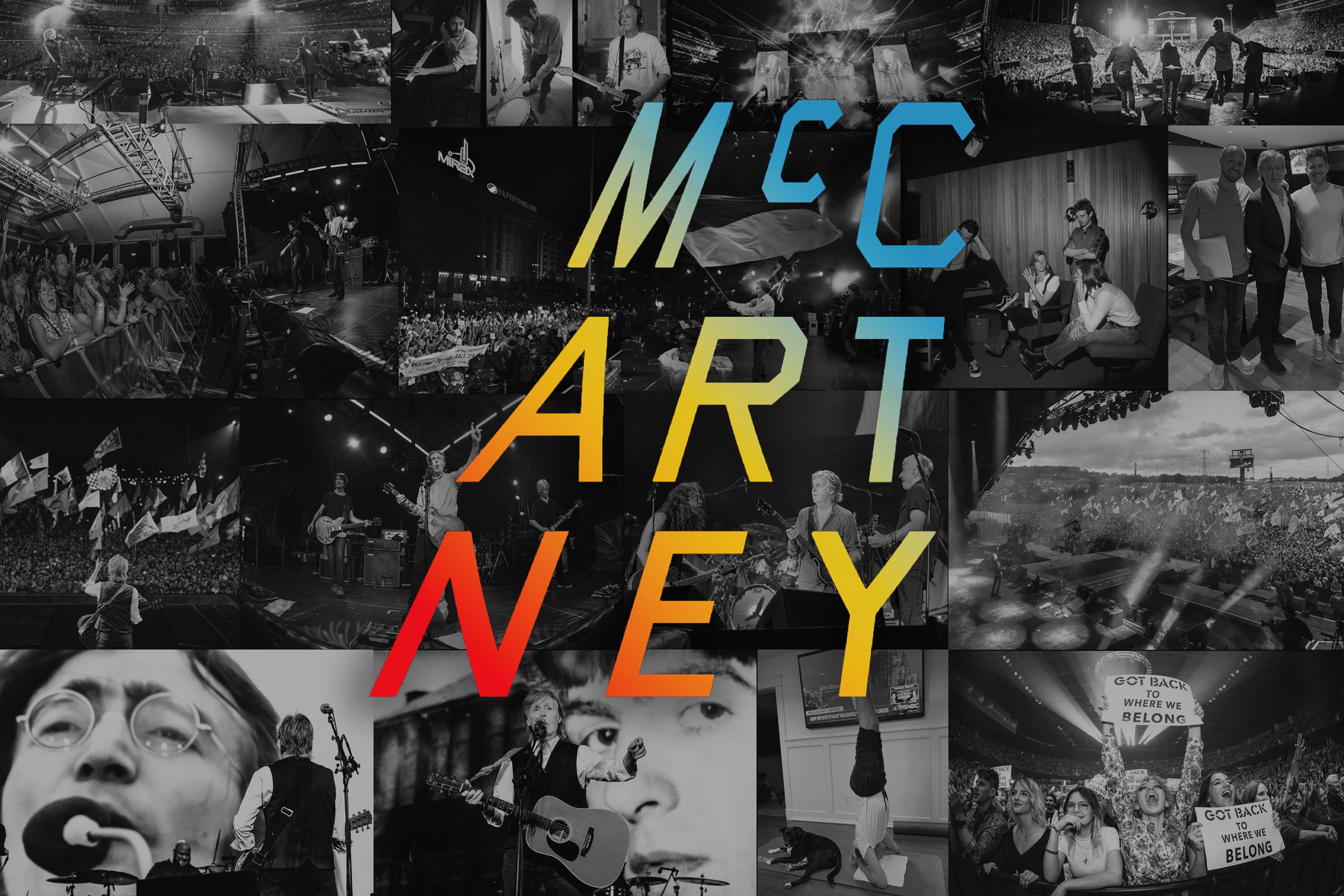 Graphic image using Ed Ruscha's 'McCartney I II III' logo with several photos from over 2022