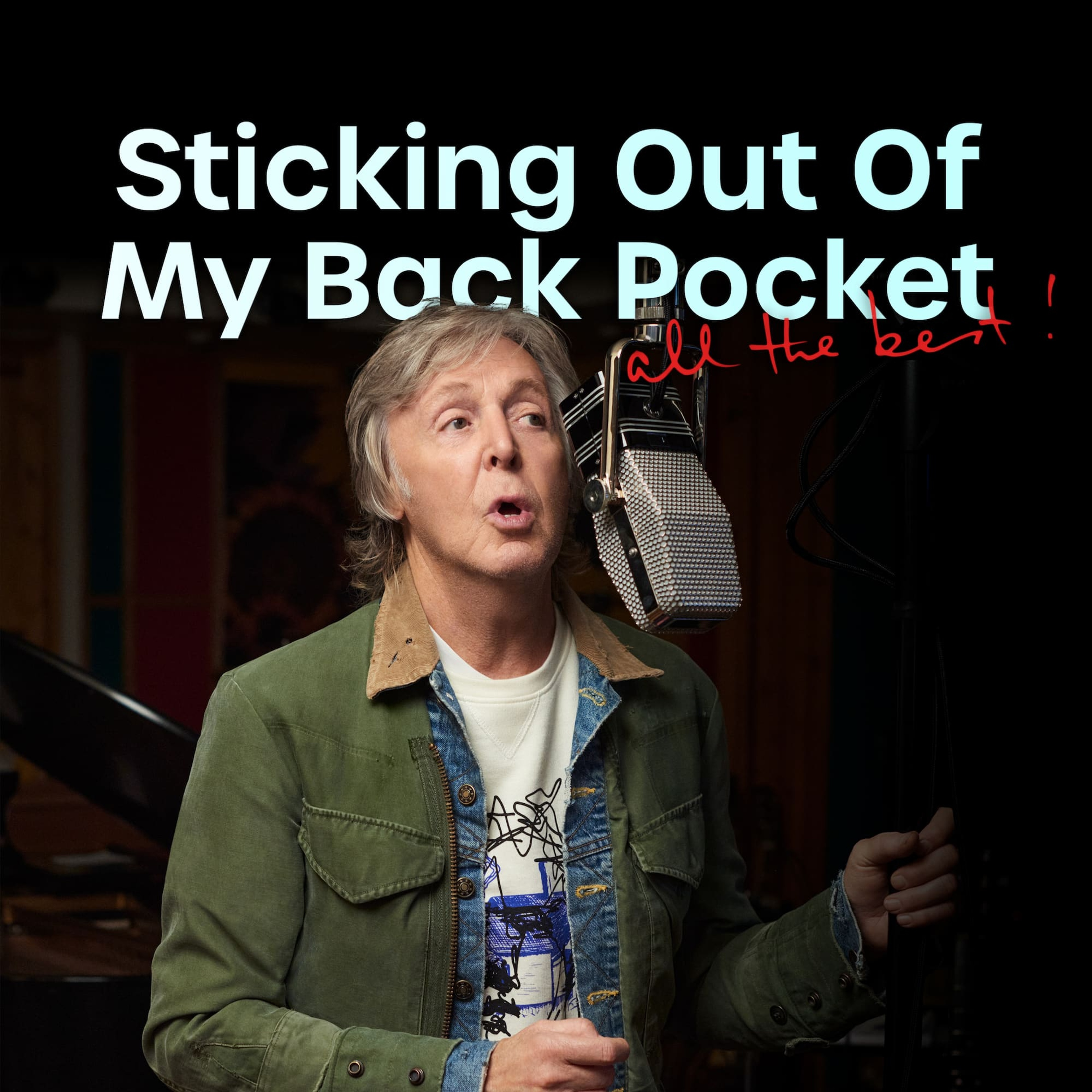Playlist cover featuring a photo of Paul recording McCartney III at the microphone stand. Text overlayed for 'Sticking Out of My Back Pocket' January 2023