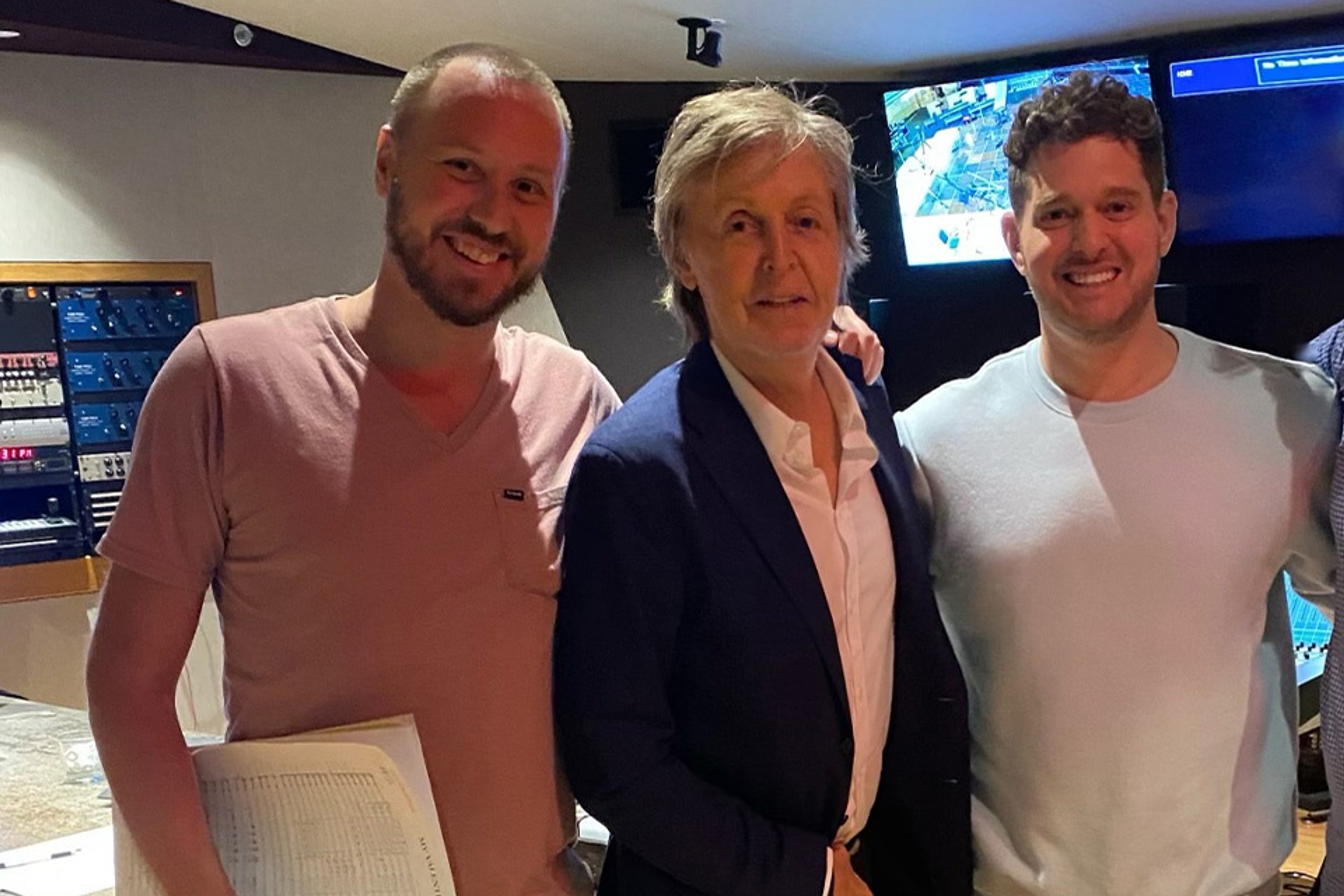 Photo of Paul McCartney and Michael Bublè in the studio during the recording of his 'My Valentine' cover.