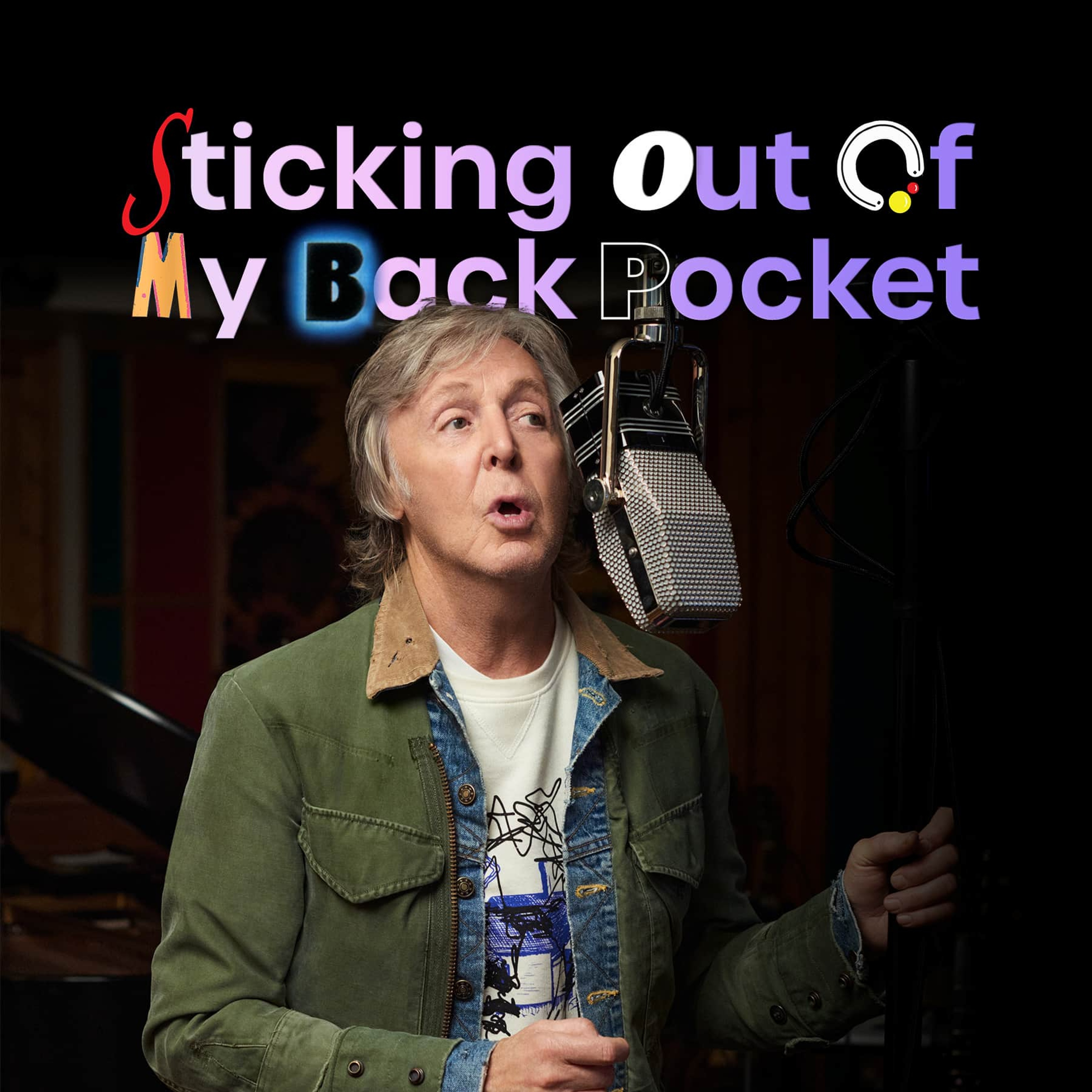 Playlist cover featuring a photo of Paul recording McCartney III at the microphone stand. Text overlayed for 'Sticking Out of My Back Pocket' April 2023