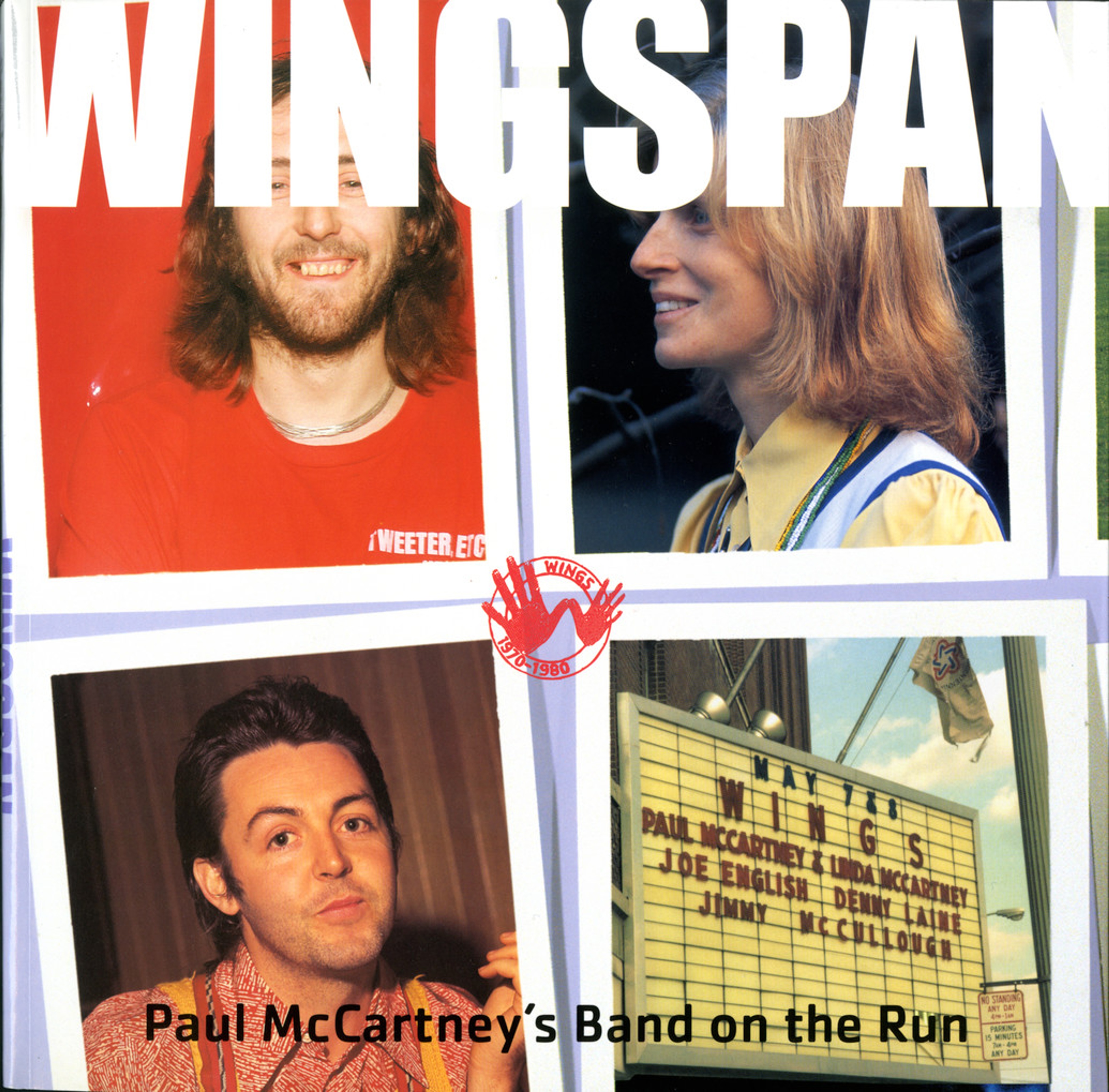 Cover of Wingspan book featuring photos of Paul, Linda, Denny Laine in a scrapbook style