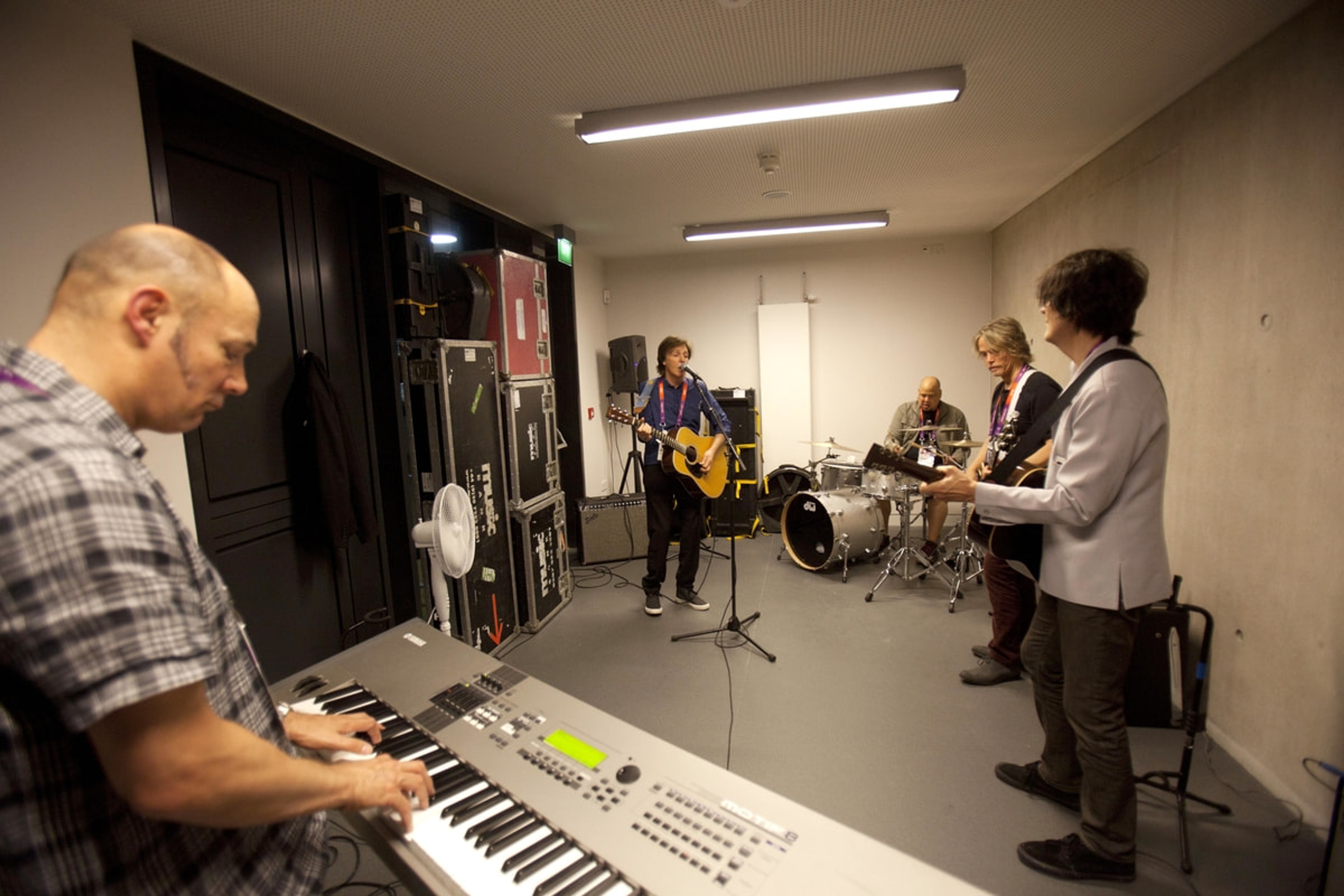 Wix, Paul, Abe, Brian and Rusty rehearsing before the Olympics Opening Ceremony, London, 27-Jul-12
