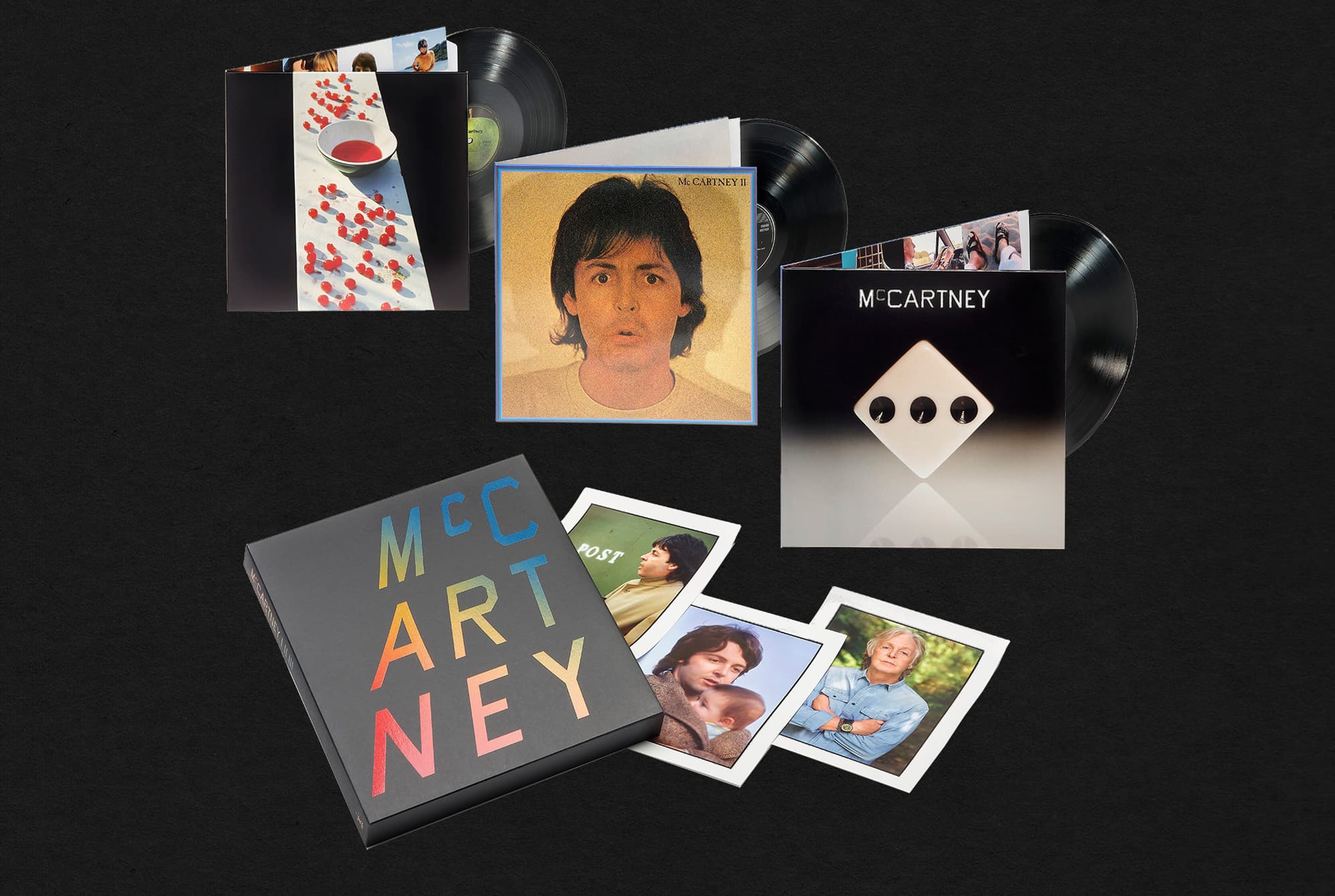 Photo of the McCartney I II III box set in black vinyl. The boxset includes all three 'McCartney' albums and three 8 x 10” photo prints with introductions from Paul