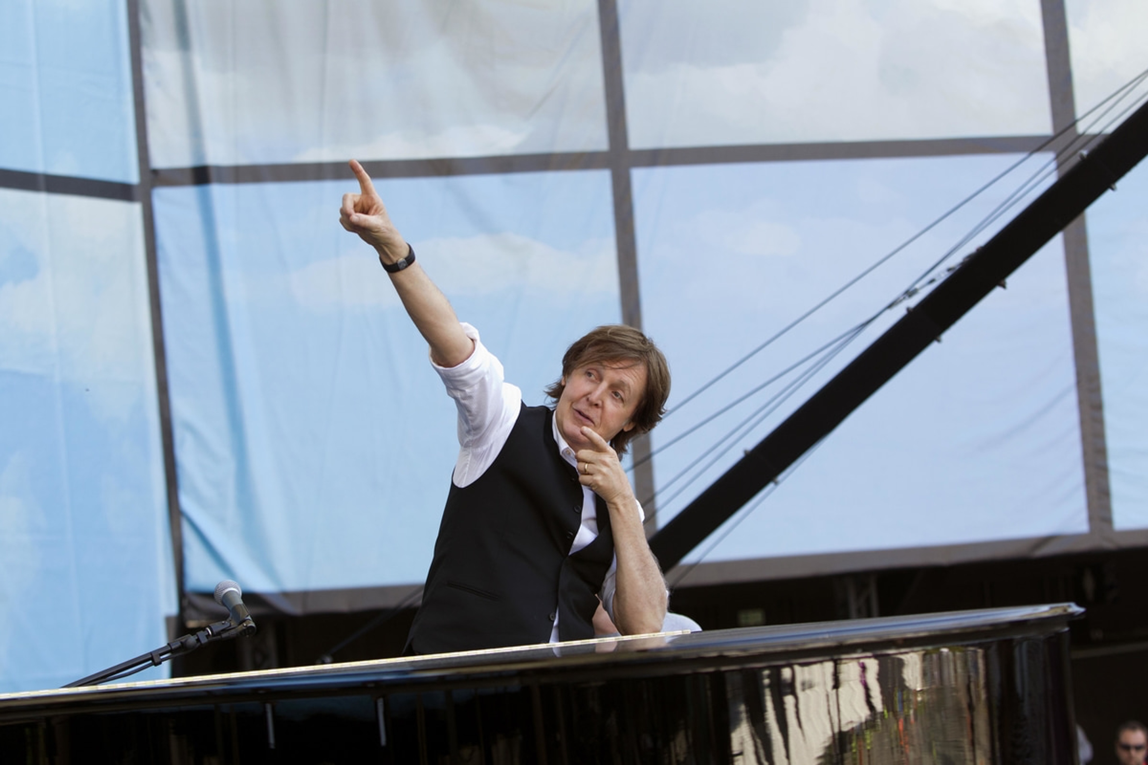 Paul on stage at the Olympic Opening Ceremony rehearsals, London, 24-Jul-12