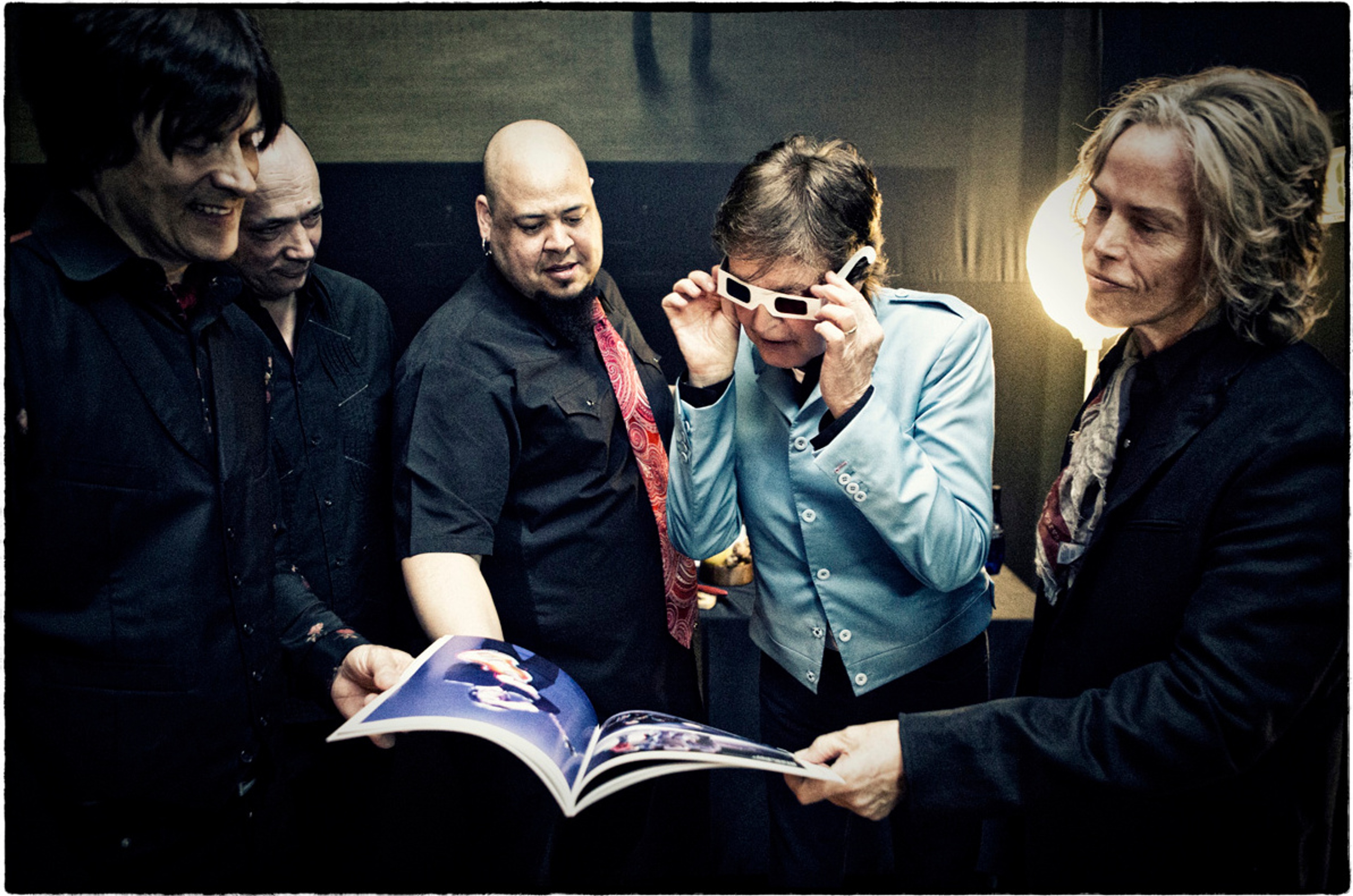 Rusty, Wix, Abe, Paul and Brian checking out the new tour programme, Belo Horizonte, Brazil, 4th May 2013
