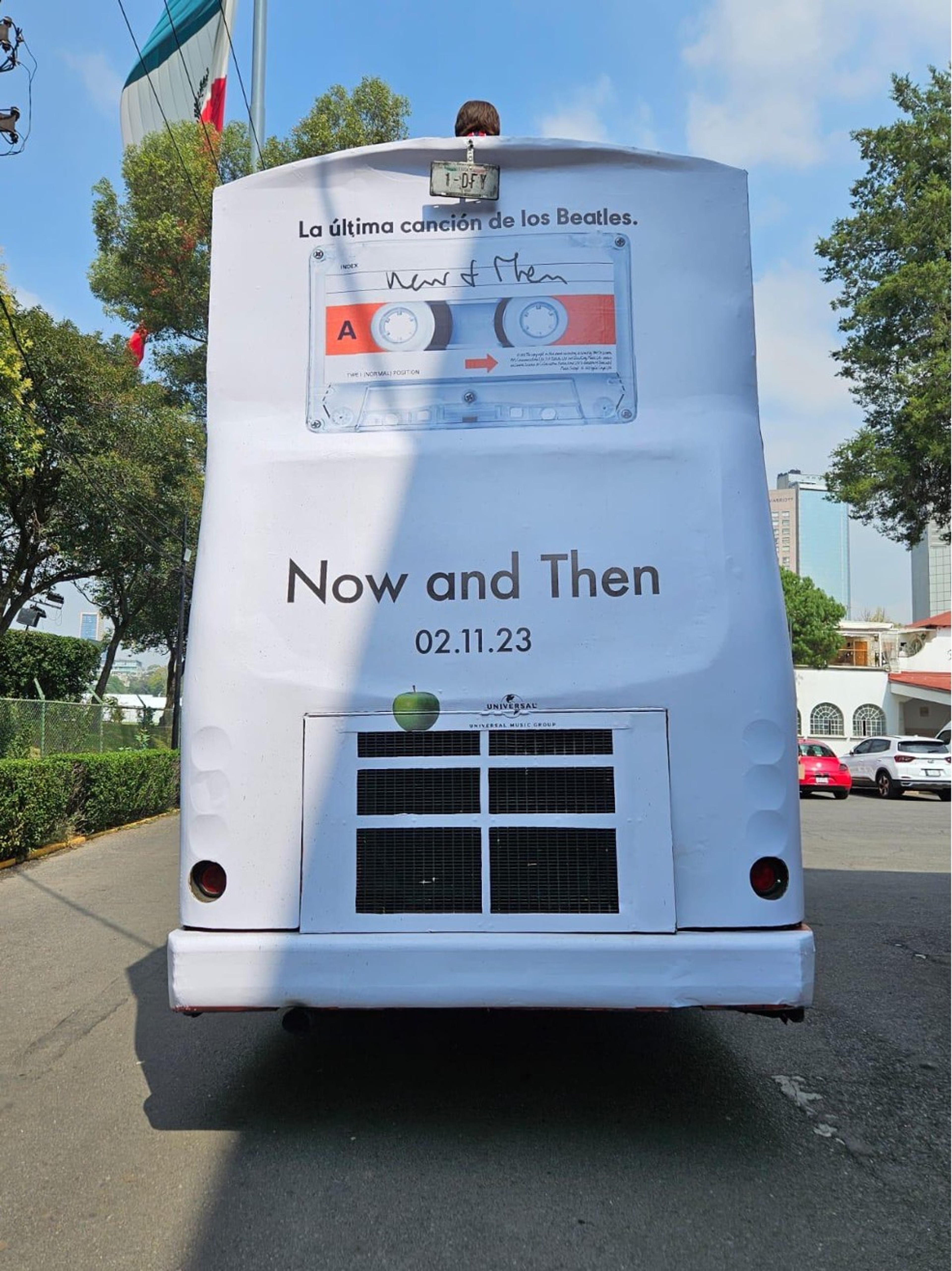 A bus with 'Now and Then' advertisement on it in Mexico, photo taken by Stuart Bell