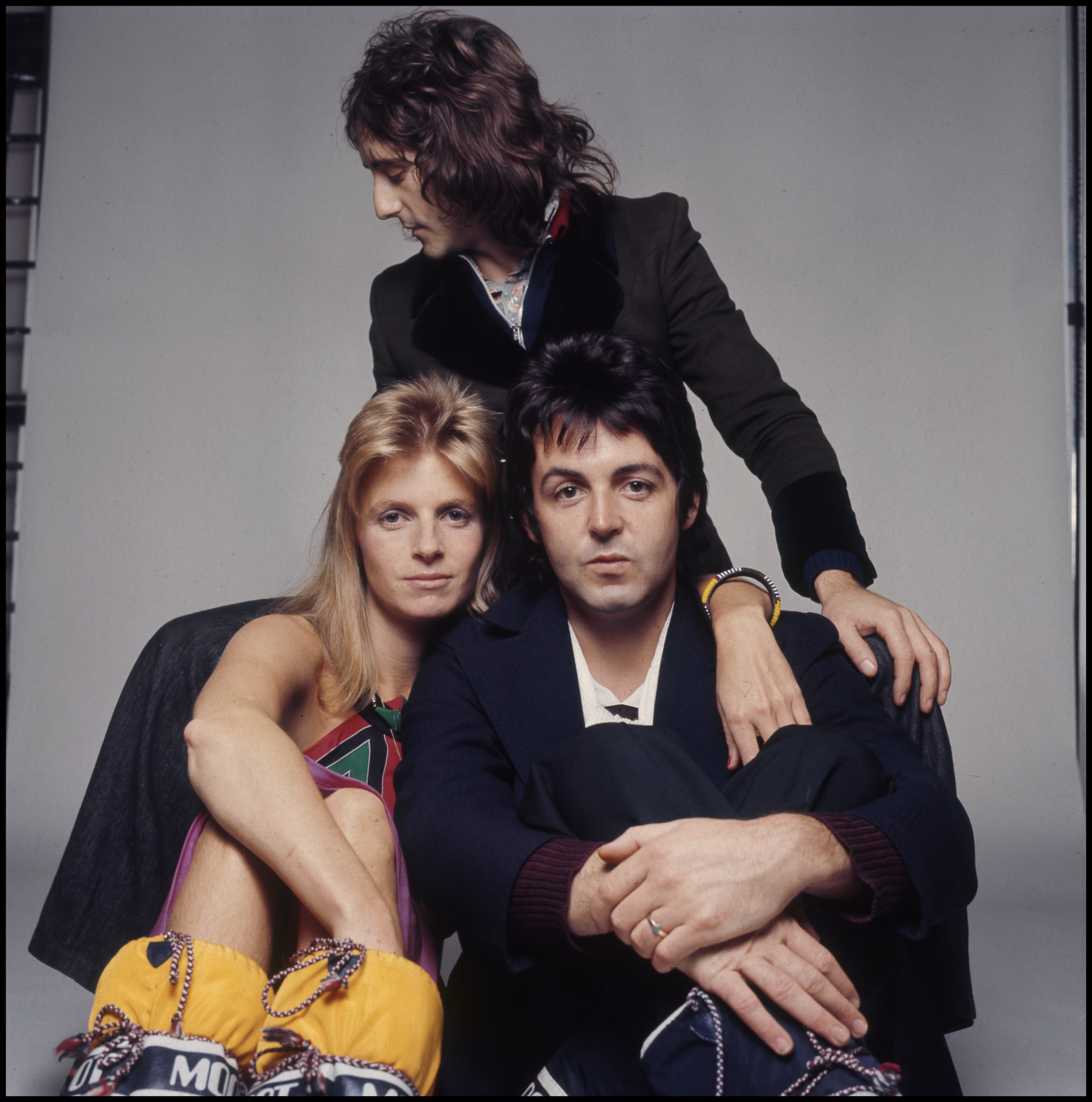 Photograph of Denny Laine, Paul and Linda McCartney used to promote the 50th anniversary of 'Band on the Run'