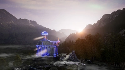 Lawrence Lek NFT, “The Shrine (Postcard)”, 2022, CGI still, landscape format.