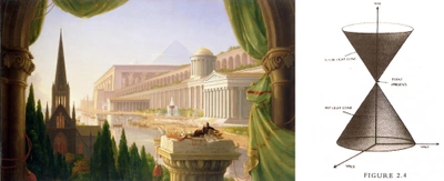 (left) Thomas Cole-The Architect’s-Dream-1840. Image courtesy of the Toledo Museum of Art. (right) Diagram-of-space-time-From-A-Brief History-of-Time-by-Stephen-Hawking-New-York-Bantam-Books-2016