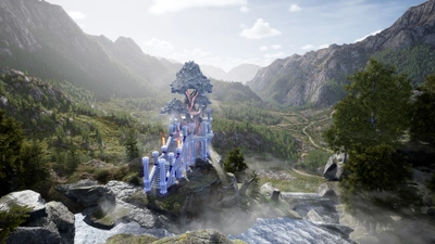 Lawrence Lek, “The Treehouse (Postcard)”, 2022, CGI still, landscape format.