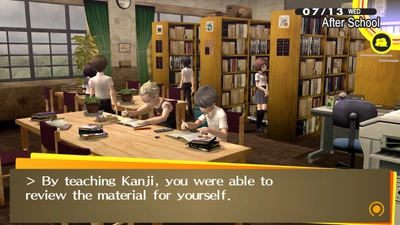 Persona 4 video game library scene with kids