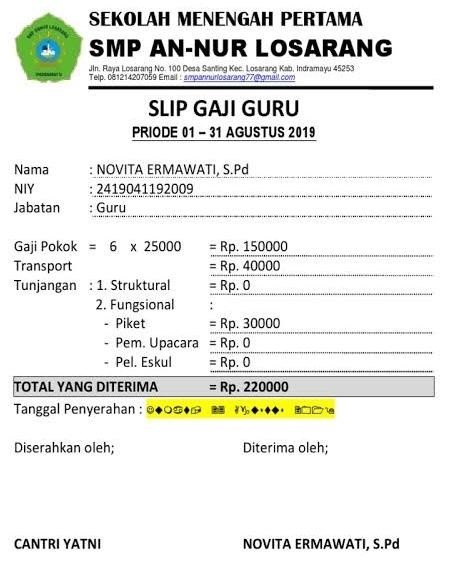 Contoh slip gaji untuk guru di sekolah.