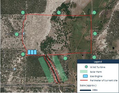 satellite view of a land area with a legend that identifies solar farms, gas engine, wind turbines and perimeter of the current site.