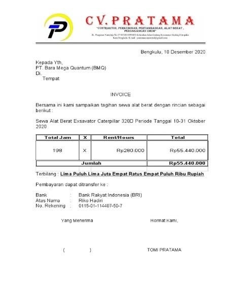 Contoh invoice tagihan alat berat.