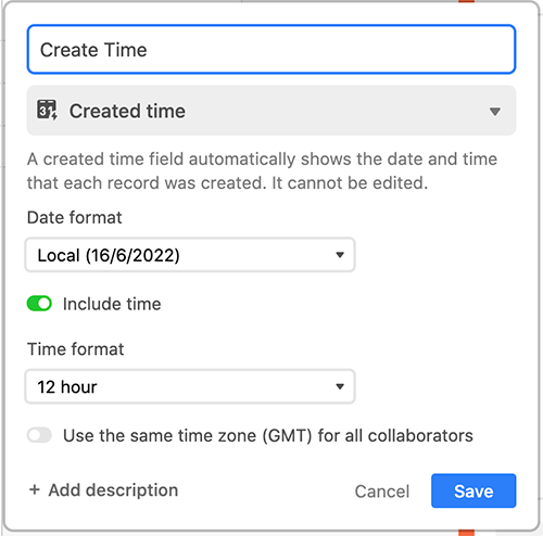 Make a create time field in Airtable
