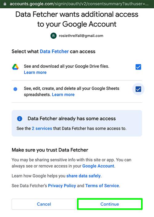 Connect Google to Data Fetcher 