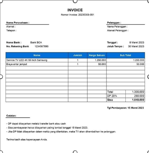Contoh invoice down payment.